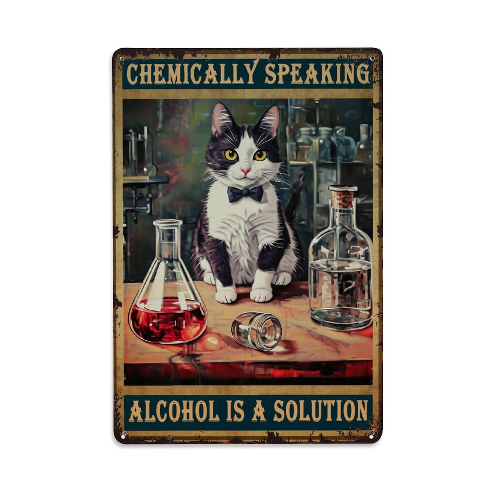 Bliveurn Vintage Cat In Chemistry Lab Scene Retro Metal Tin Sign, Metal Poster For Home, Gaming Room, Studio Workshop,Bar,Garage Wall Art Decor 8X12 Inch