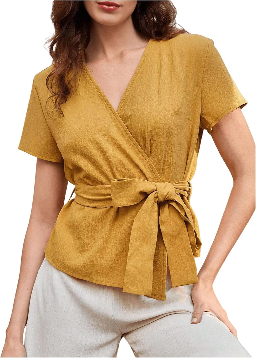 SHENHE Women's Summer Short Sleeve Wrap Blouse V Neck Belted Dressy Casual Work Top Shirt