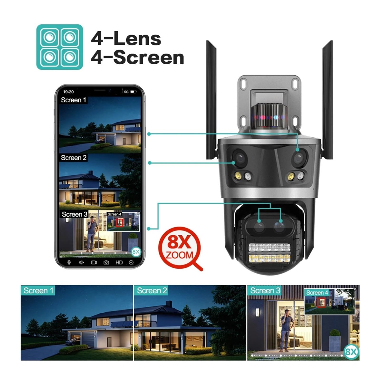 Telecamera WiFi PTZ for esterni 4K 8MP con obiettivo quadruplo | Telecamera CCTV con tracciamento automatico AI con display a 4 schermi e zoom 8X(Eu plug,Camera Add 128G Card)