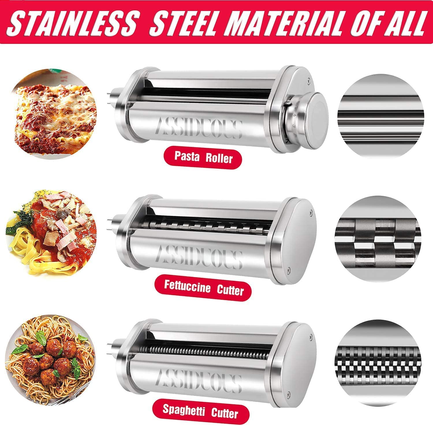 Edelstahl Nudelaufsatz mit Reinigungsbürste für Kitchenaid Küchenmaschine, Nudelroller und Schneider für Kitchen Aid,Nudelmaschine 3 Stück Pasta Set,Pasta maker Wasserwaschbar mit Bürste