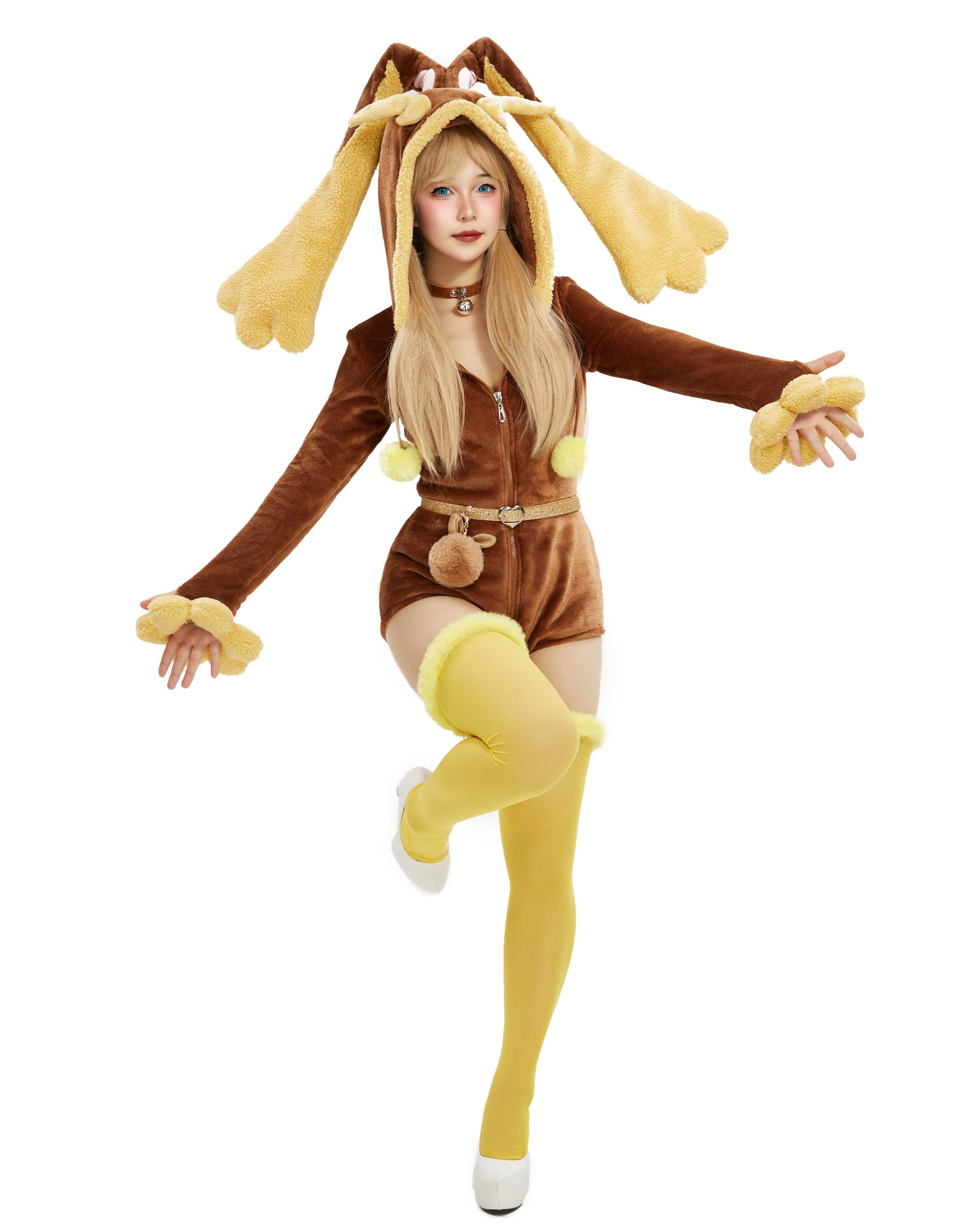 Mobbunny Women's Anime Romper Brown Onesie Pajamas Fuzzy Romper Fluffy Hooded Homewear Plush Bodysuit Jumpsuit Halloween: Brown Small