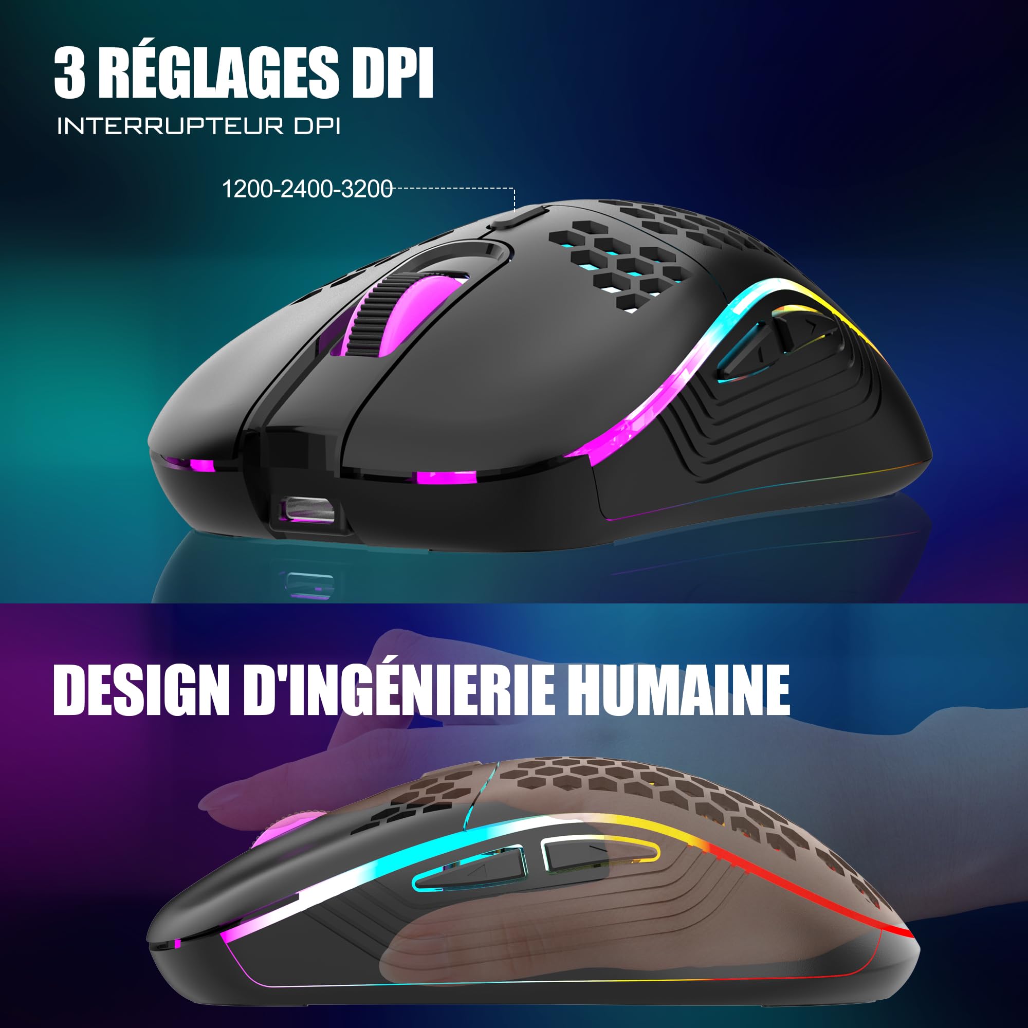 RedThunder K62 60% Clavier et Souris de Jeu sans Fil RVB，AZERTY FRANÇAIS 62 Touches Mini-Clavier Rétroéclairé Ultra-Compact，Souris Optique Cellulaire Légère，kit Portable pour PC PS5 Xbox Gamers(Noir)