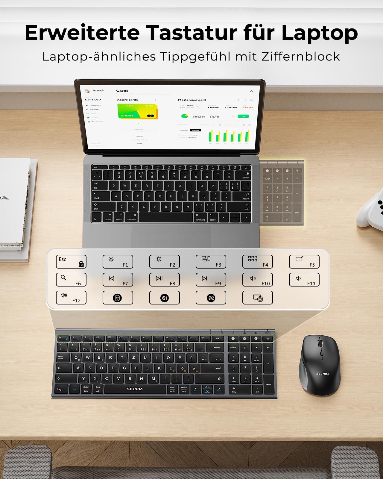 Bluetooth Tastatur mit Maus, SEENDA COE401 Kabelloses Tastatur Maus Set für Windows/Mac/iPad/Android | Ultradünne Metall-Tastatur + Leise Funkmaus | 3 Geräte Verbindung, QWERTZ Layout, Grau