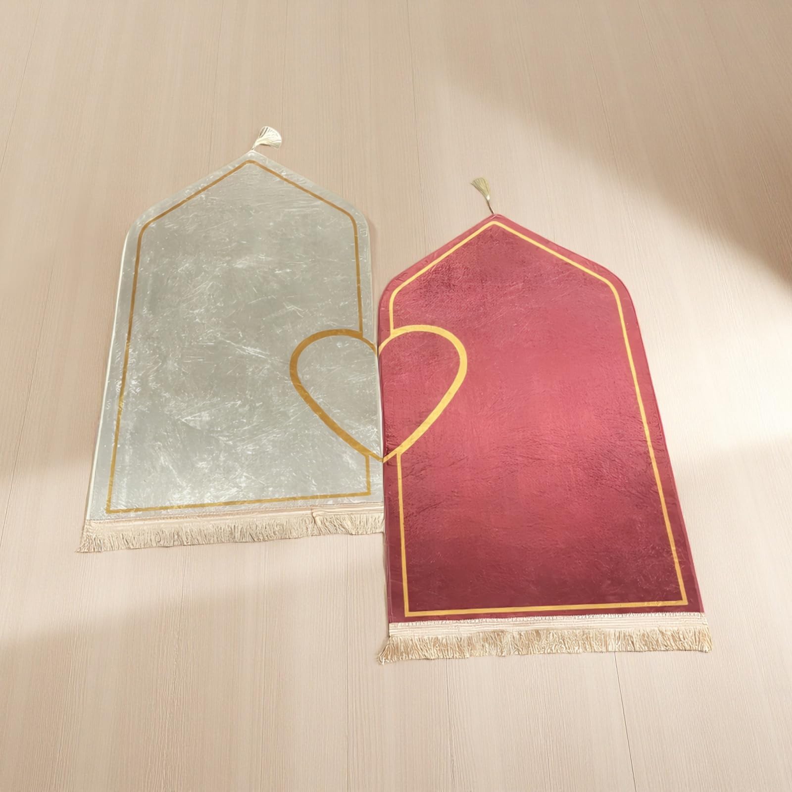 Lot de 2 tapis de prière pour couples - Motif cœur - 67,1 x 110 cm - Doux et antidérapant - Cadeau islamique parfait pour décoration de chambre à coucher et salon