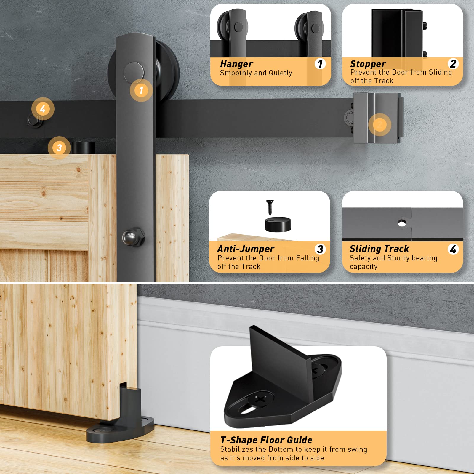 Signstek 8FT Sliding Barn Door Hardware Kit Heavy Duty with Door Hook and 2 Handles - Easy to Install -Smoothly and Quietly - Fit 1 3/8-1 3/4" Thickness -Black (I Shape Hanger)