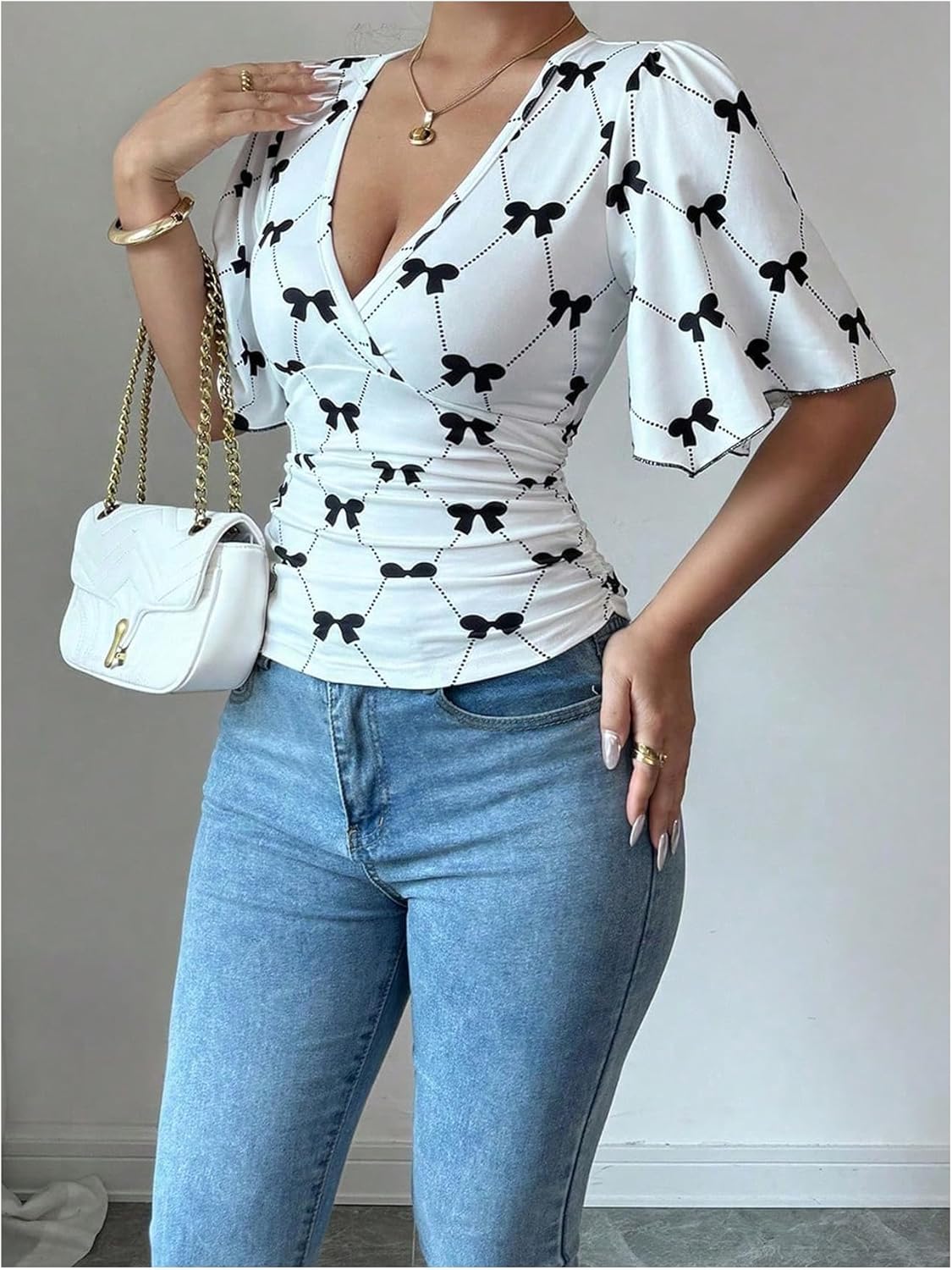 Milumia Women's Bow Knot Ruffle Short Sleeve Wrap Blouses V Neck Fitted Casual Shirts - Image 2