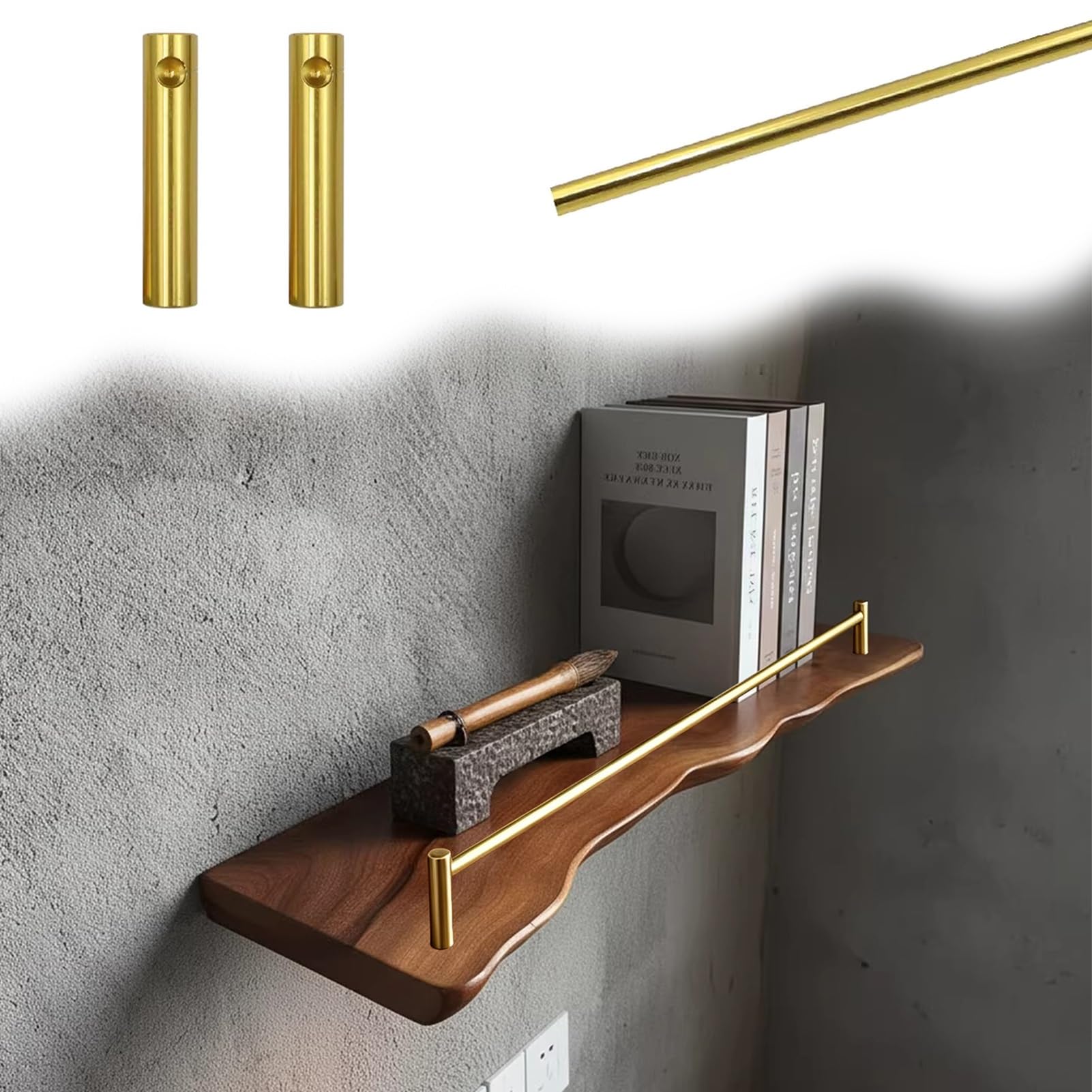 MESCXTY Aluminum Shelf Guard Rail Decorative 8 12 16 18 24 28 32 36 38 in, Tipping Gallery Set for Floating Shelf, Cabinet Guardrail Bar with 2 Spindles(Gold B,16in/41cm)