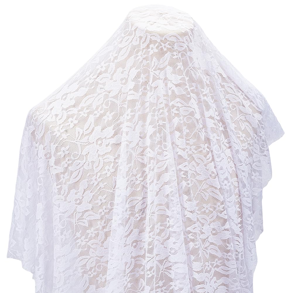 CABODYALS 160CM White Stretchy Lace Fabric Floral Tulle Elastic Sewn Cloth Accessories by The Yard Vintage Embroidered Flower Trim Fabrics for Sewing Making Wedding Diy Dress Tablecloth Decor