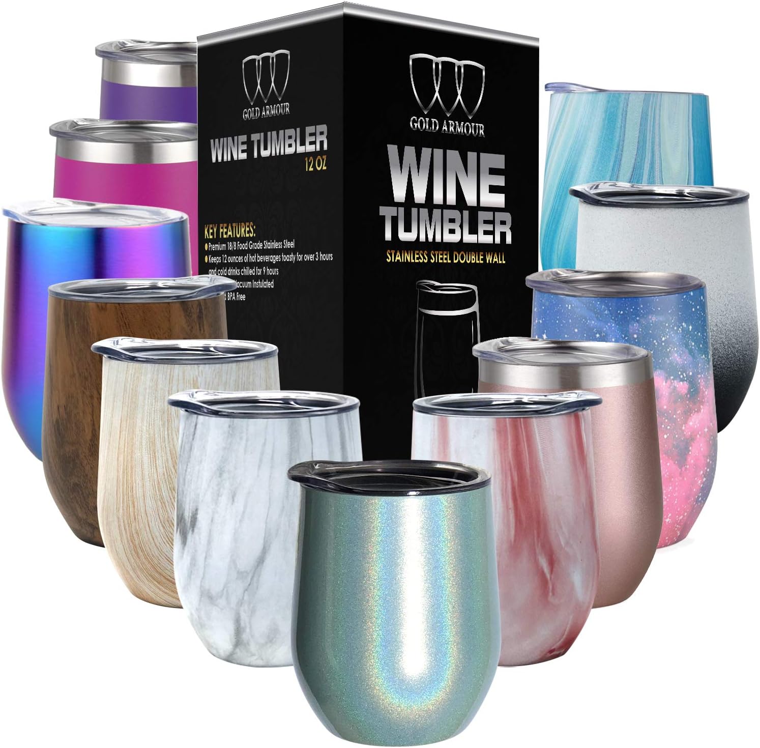 Gold Armour Stainless Steel Wine Glass Tumbler with Lid, 12 oz Double Wall Vacuum Insulated Travel Tumbler Cup, Coffee Water Bottle Cup (Shimmer: Sky Blue)