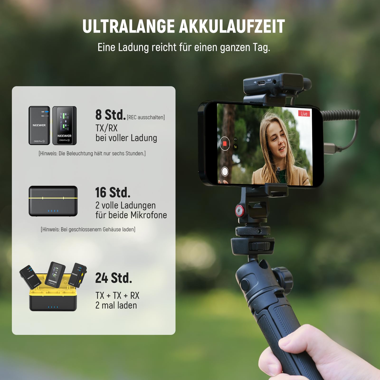NEEWER CM28 PRO drahtloses Lavalier Mikrofon + Ladecase, Geräuschunterdrückung, 9 Stunden Aufnahmezeit, 4GB Speicher, Mini Ansteckmikrofon, kompatibel mit USB C iPhone iPad Android Kameras PCs Laptops