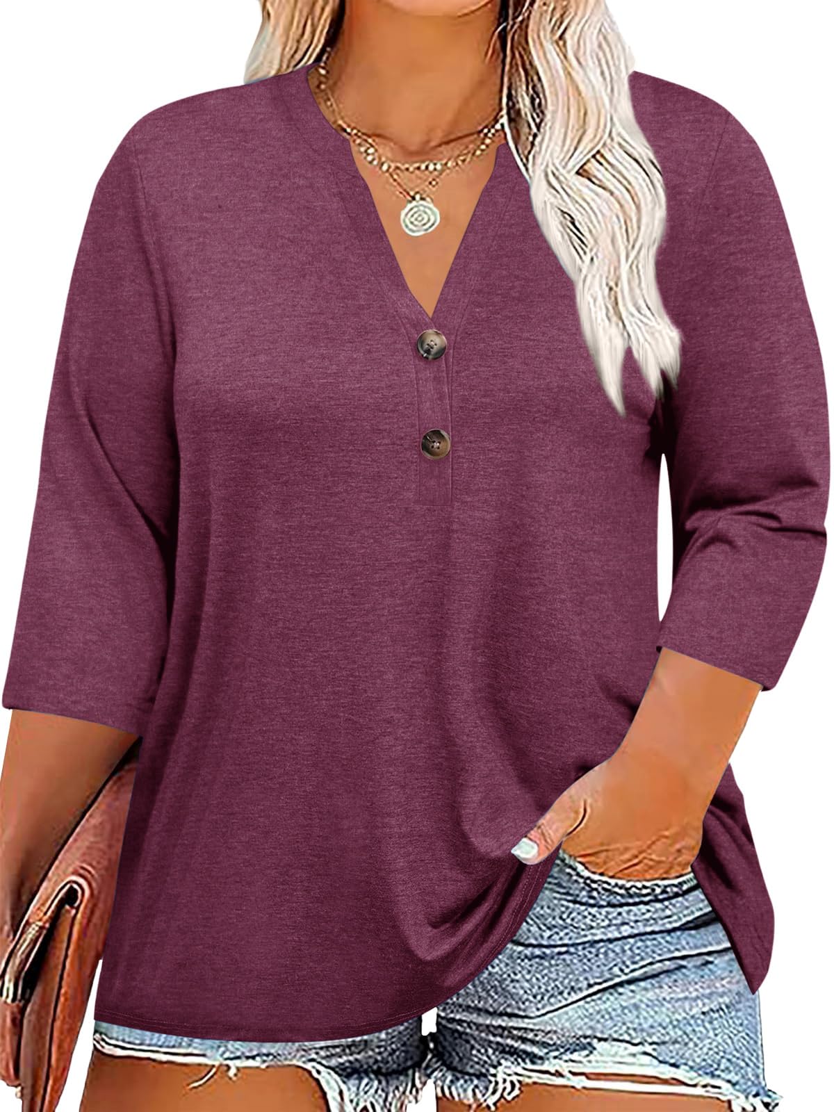 Chulianyouhuo Womens Plus Size 3/4 Sleeve Tops Casual V Neck Button Tee Shirts Basic Loose Fit Tunic Blouse