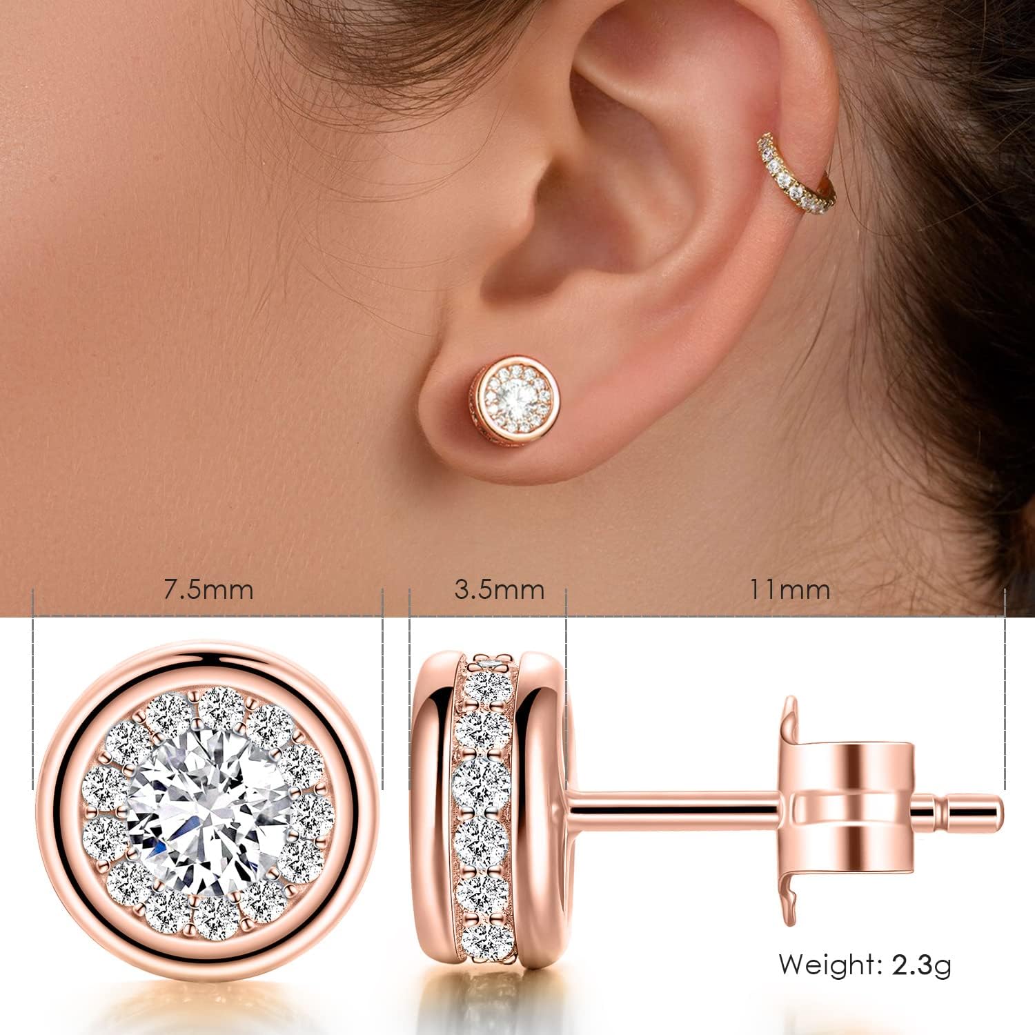 18K Gold Stud Earrings for Women, 18K Rose Gold Stud Earrings with Cubic Zirconia Diamonds, Jewelry Gift for Mom, Wife, Daughter, Friend on Birthday, Anniversary, Valentine's Day, Mother's Day - Image 2