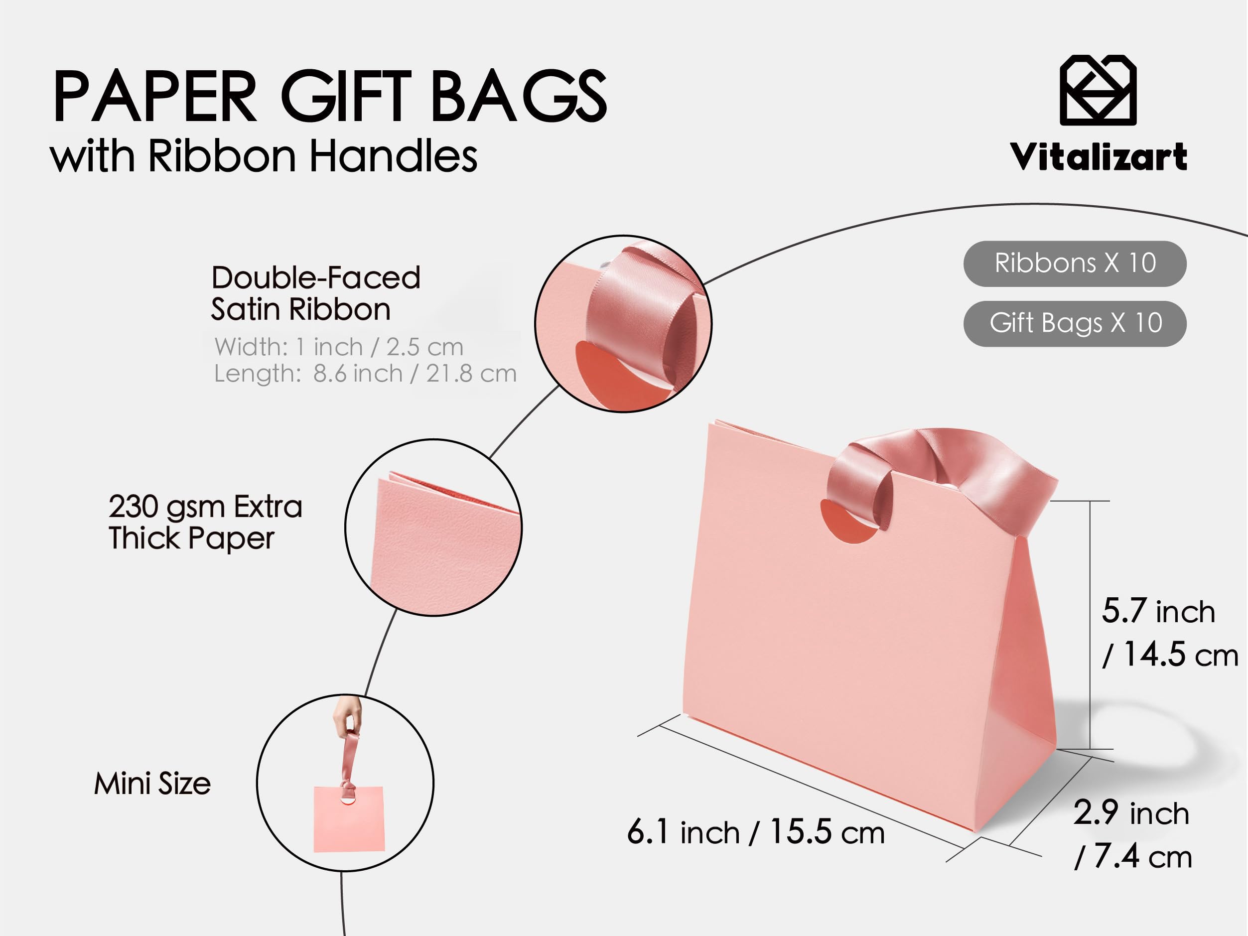 Vitalizart Paper Gift Bags With Ribbon Handles Set of 10 Pink Bulk Reusable For Gift Wrap Girls Kids Birthday Bridal Shower Party Favors Goodie Bags Candy Christmas 6.1"x2.95"x5.71" Mini