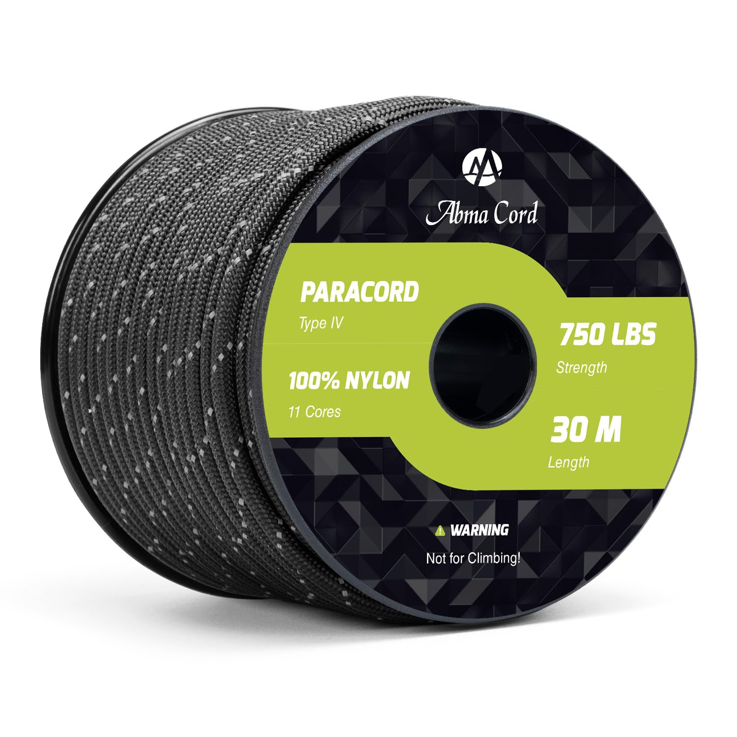 Abma Cord 750lb Paracorde 4mm 30M Corde en 100% Nylon Type IV 11 Brins Qualité Militaire Paracorde - Max. 340kg - Réfléchissante Noir
