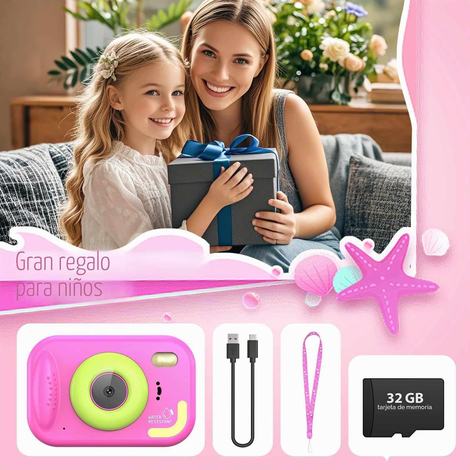 Cámara Fotos Infantil, Cámara Acuática para Niños, 48MP HD 1080P Cámara Impermeable para Niños con Pantalla de 2,4 Pulgadas Tarjeta de 32GB, Flash LED, Regalo para Niños y Niñas de 3-12 Años (Rosa)