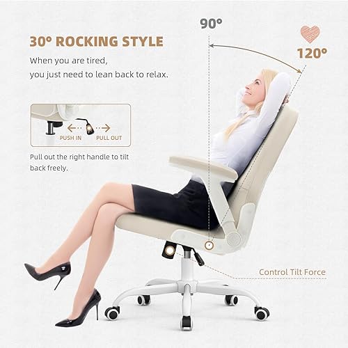 Miniatura 4 de SEATZONE Silla de oficina en casa, silla de escritorio de terciopelo beige con ruedas, cómoda silla de trabajo para computadora con brazos abatibles