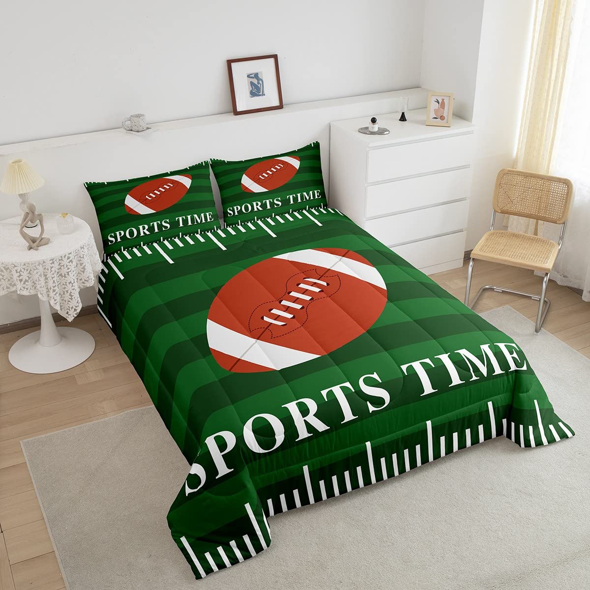 Zestaw pościeli do piłki nożnej, rugby, sportowy, zestaw pościeli, piłka nożna, gra w dół, kołdra dla chłopców, dziewcząt, nastolatków, boisko do piłki nożnej, wkładka na kołdrę, zestaw z 2 poszewkami na poduszkę, King