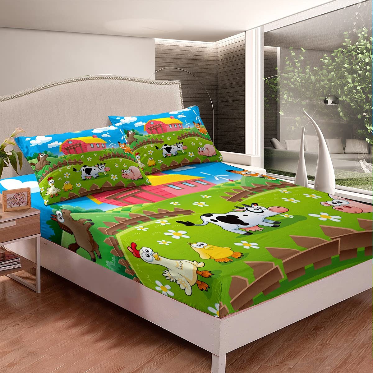 Set di biancheria da letto con animali dei cartoni animati Happy Farm per ragazzi e ragazze, lenzuola per letto matrimoniale, fattoria, colore rustico, 4 pezzi