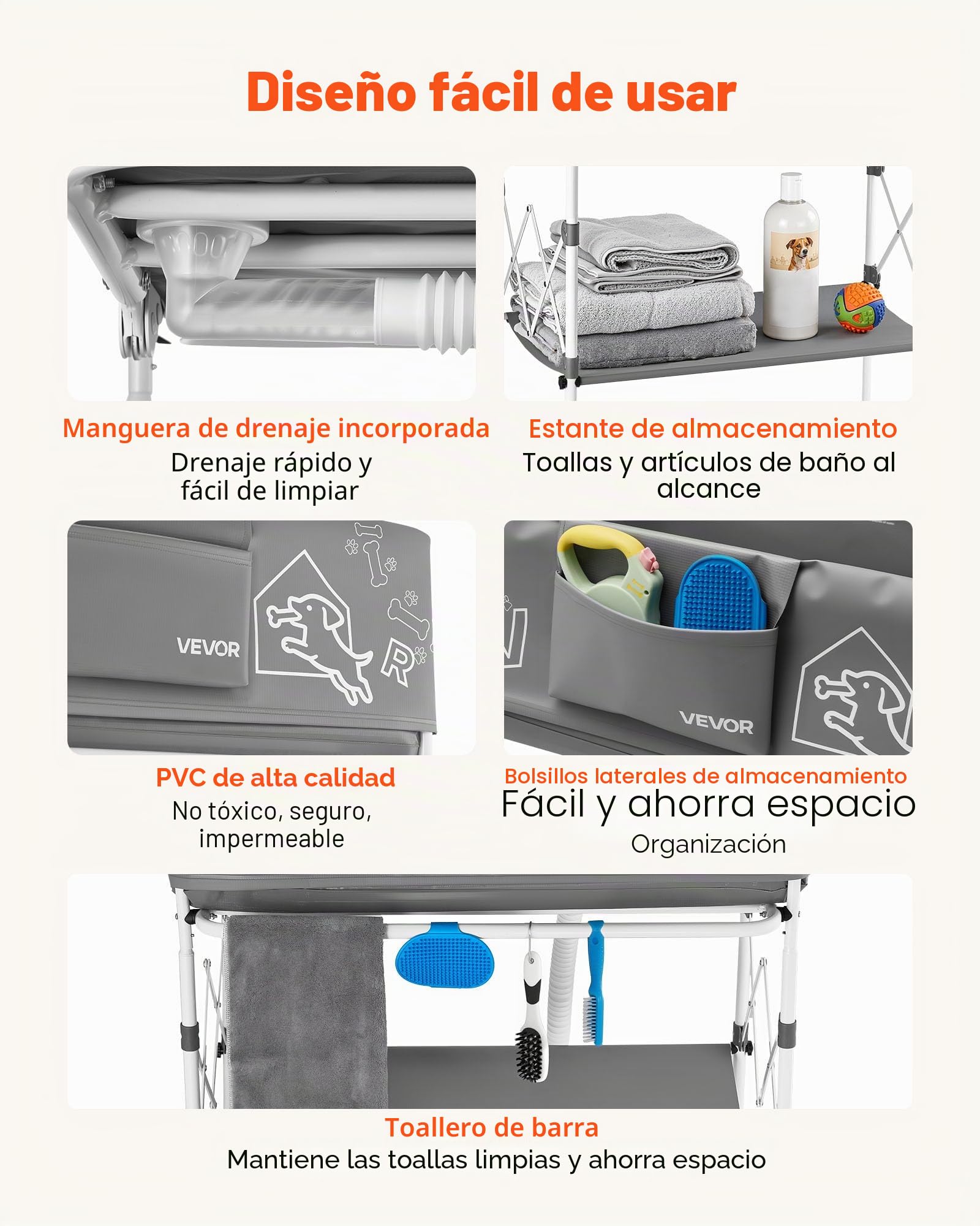 VEVOR Bañera Elevada para Perros Gatos con Soporte, Bañera Plegable Portátil para Mascotas Pequeñas y Medianas hasta 30 kg, Estación de Baño con Estructura en X, Desagüe, Estante y Barra para Toallas