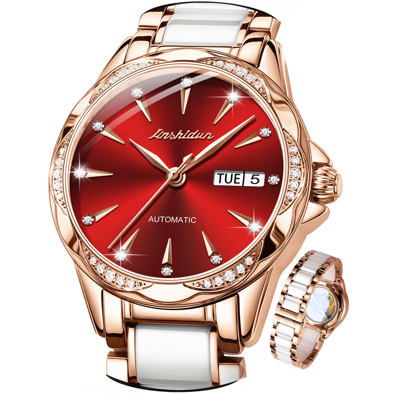 Ladies' Automatic Mechanical Watches, Mechanical Self-Winding Waterproof, Rose Gold Ceramic Stainless Steel Women's Fashion Watches, No Battery (Red/White Dial)