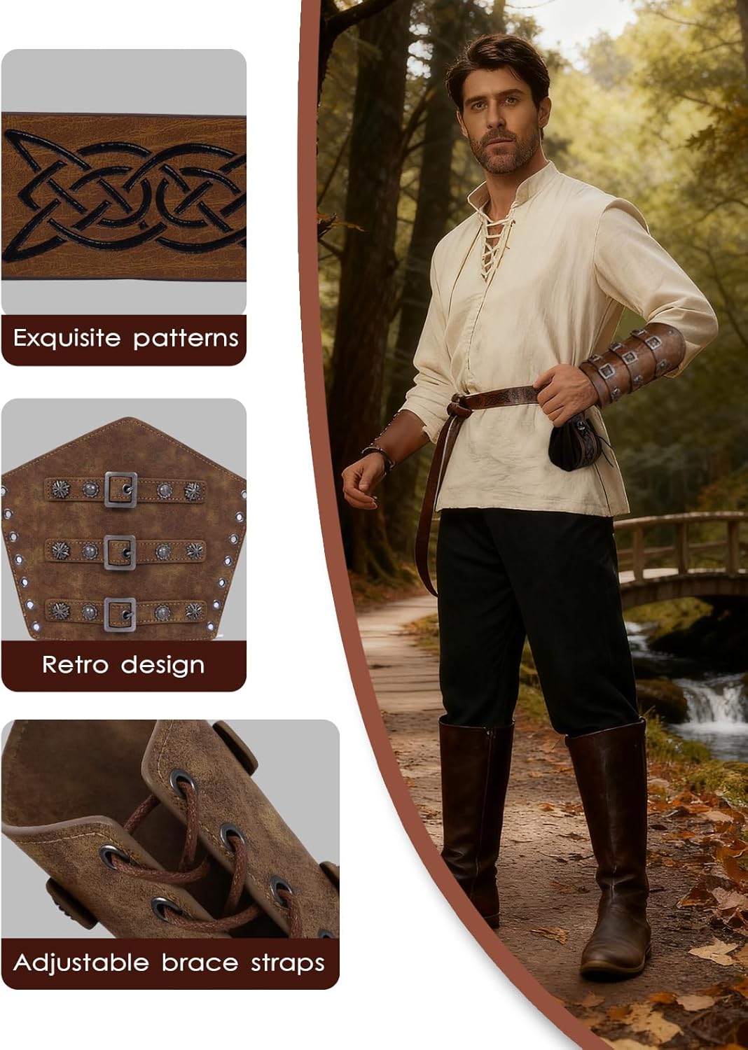 Renaissance Medieval Costume for Men - Pirate Viking Costume 7 Pcs Set, Medieval Cosplay Halloween Outfit - Image 4