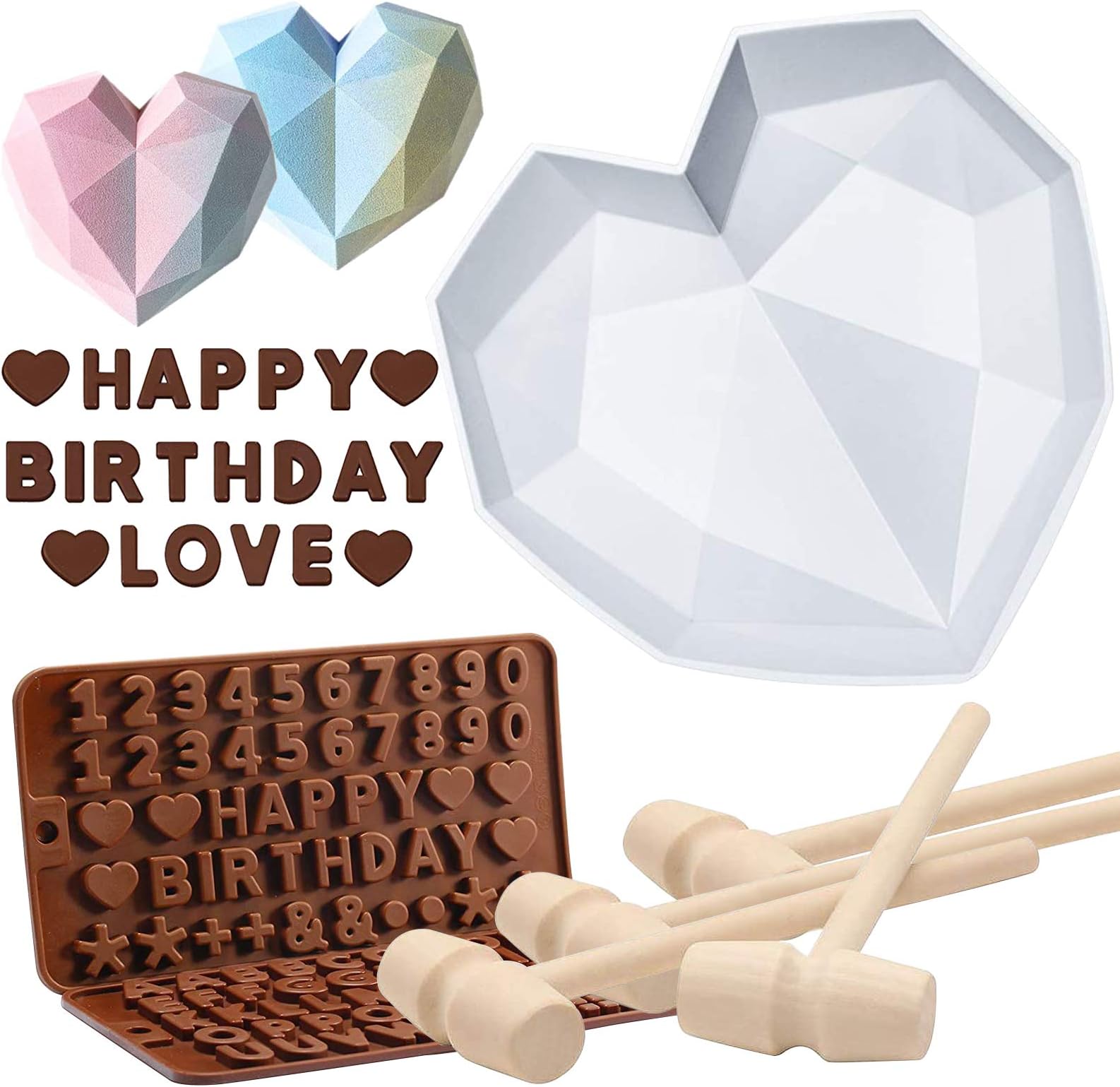 Heart Molds for Chocolate 8.7 Inch large Silicone Cake Mold, 2 PC Silicone Letter Mold and 4 PC Hammer for Valentine Candy Mousse Cake