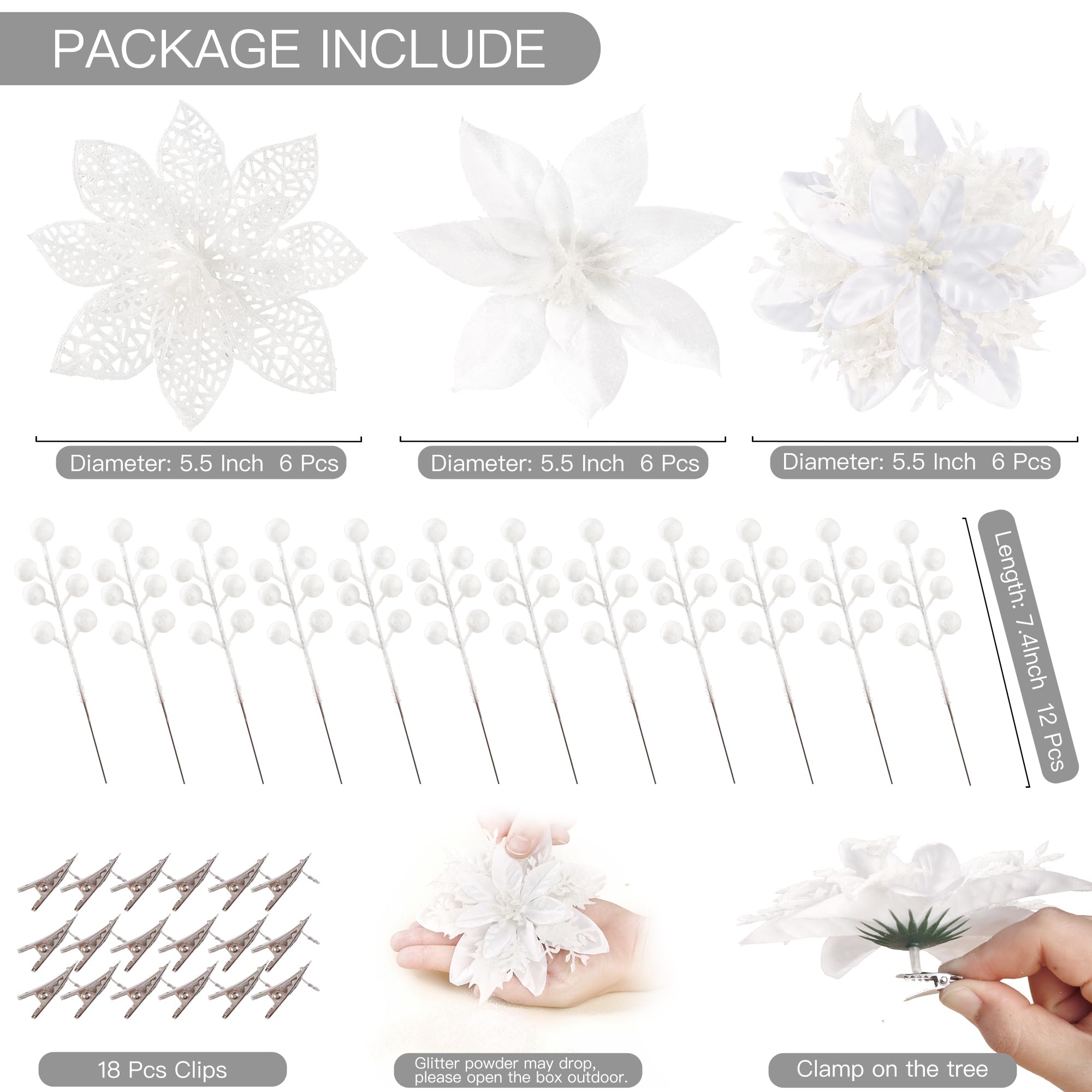 Sggvecsy 30 Stück 3 Stile Weihnachten Glitzer Weihnachtsstern Blumen Künstliche Beeren Picks Weihnachtsbaum Ornamente Künstliche Weihnachtsblumen mit Clips für Weihnachten Hochzeit Kranz