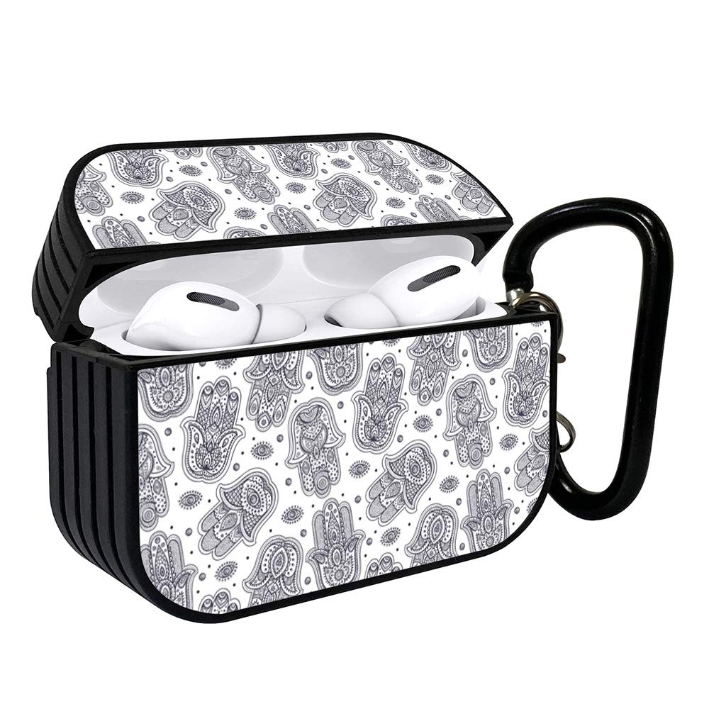 Shockproof Portable Protective Hard Printing Pattern Cover Case with Carabiner Compatible with AirPods Pro/Hamsa and Eye Pattern