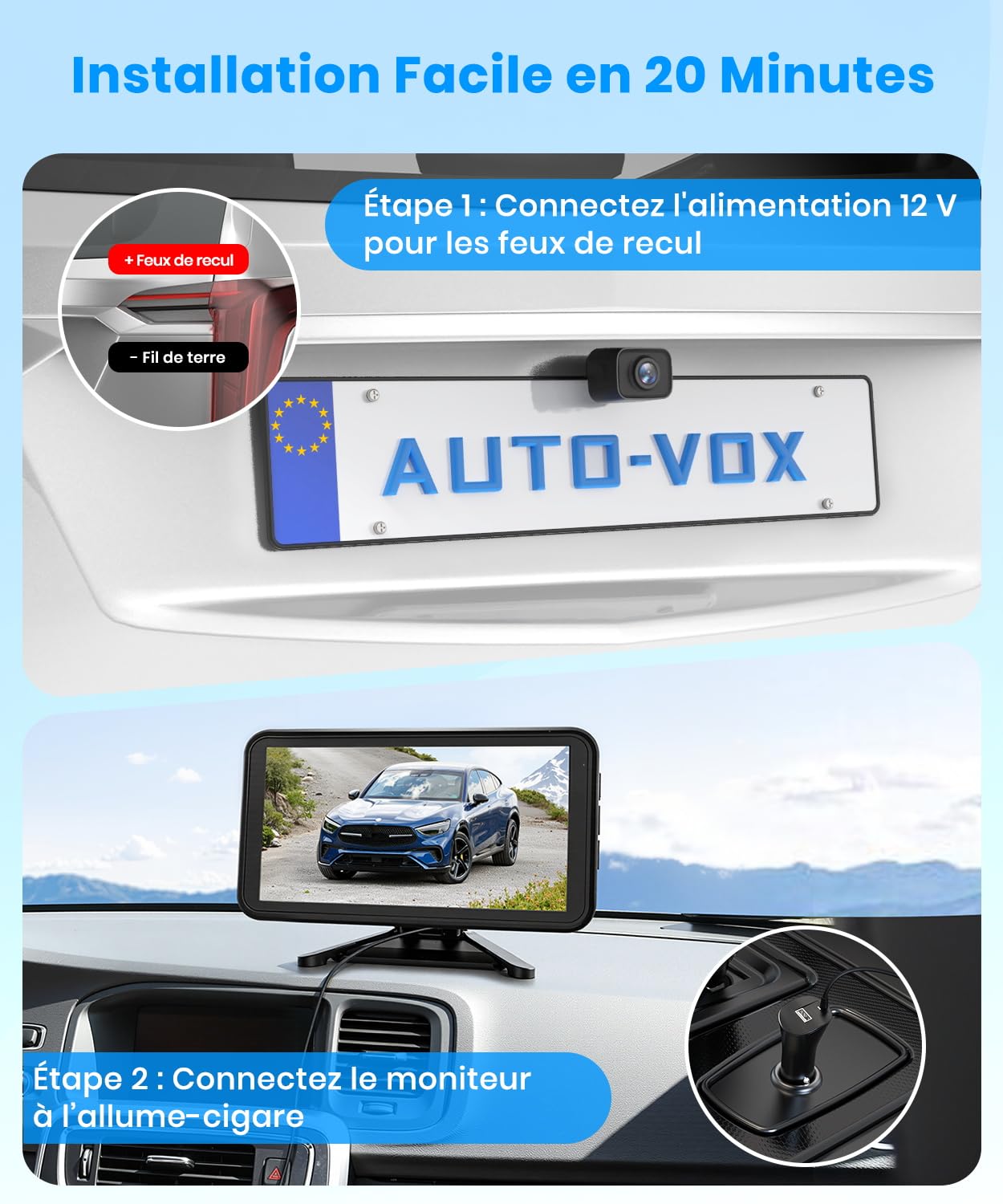 AUTO-VOX W12 Caméra de Recul sans Fil : Écran 5" 1080P, Double Canal, Installation Rapide, Signal Numérique Stable, IP69K Étanche & Vision Nocturne, pour Voiture, SUV, Camping-Car, Remorque
