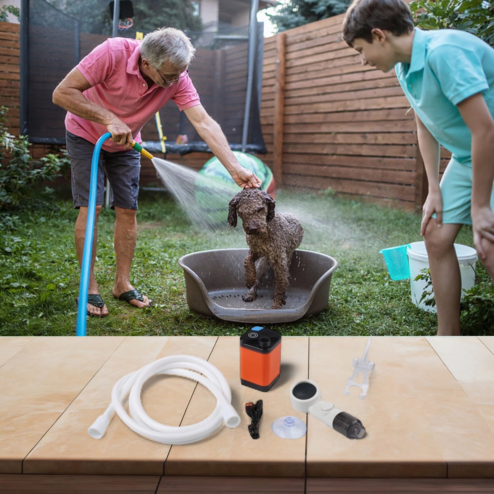 Pompe de douche portable de camping, batterie de 6000 mAh avec tuyau de 2 m, pour pompe à eau double mode, lavage de voiture, jardin, animal domestique, orange