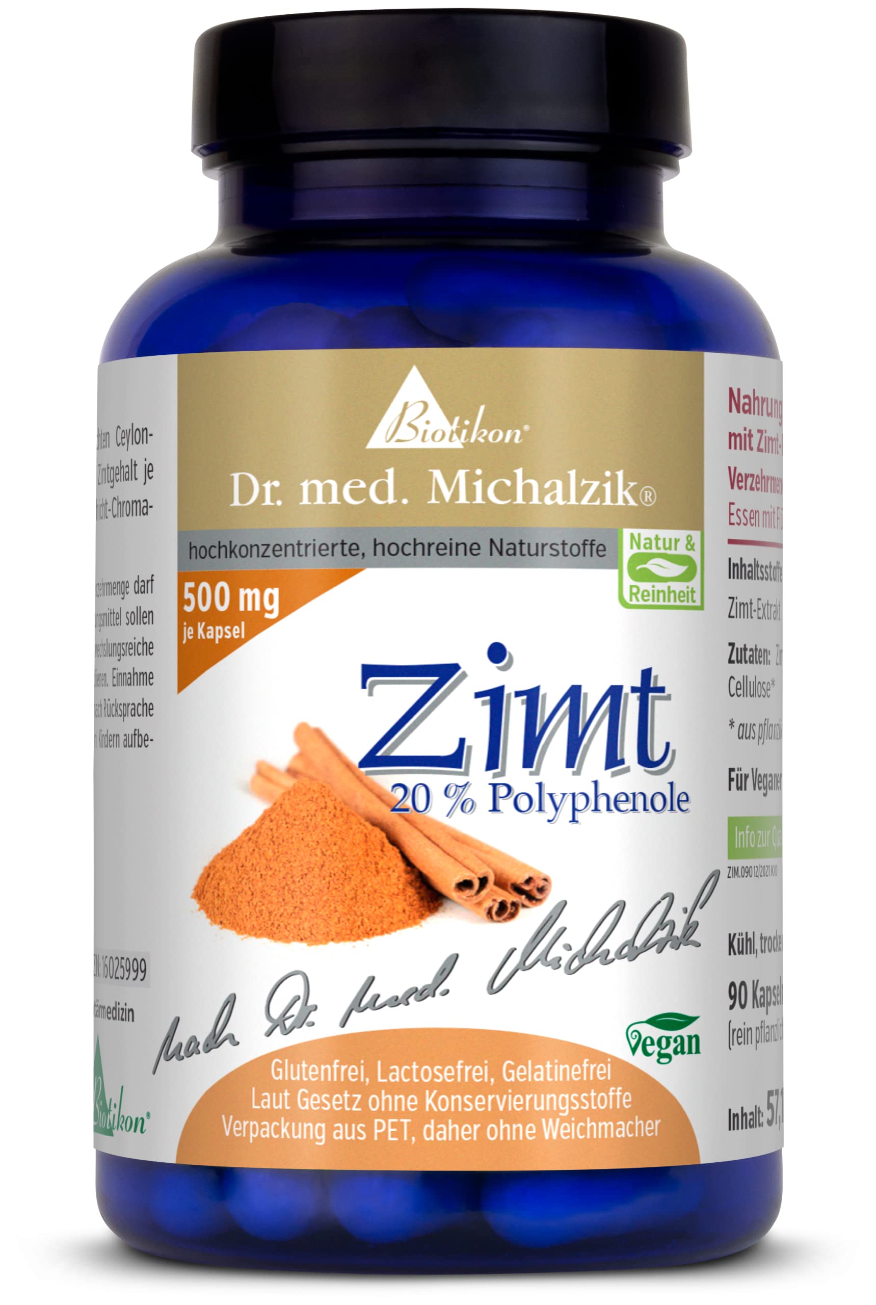 Ceylon-Zimt Dr. med. Michalzik - je Kapsel [500mg] Zimt + [20%] Polyphenolen - feinster Extrakt aus dem echten Ceylonzimt-Baum - ohne Zusatzstoffe - von BIOTIKON®