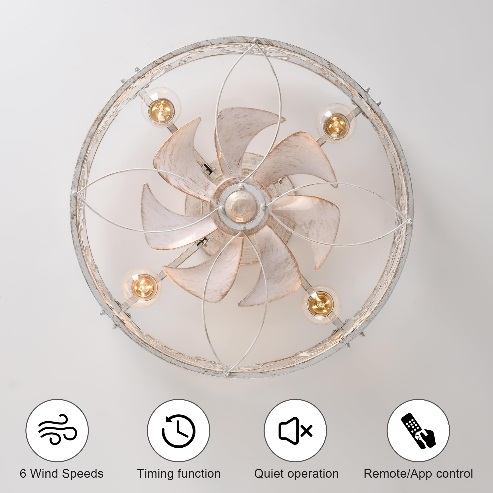 Ganeed Käfig Deckenventilator mit Licht Industrie-Stil Bauernhaus Decke Elegant Bemalte Beleuchtung 51cm Niedrigprofil Decke montiert Lampe E27 mit Fernbedienung Weiß 4 Licht