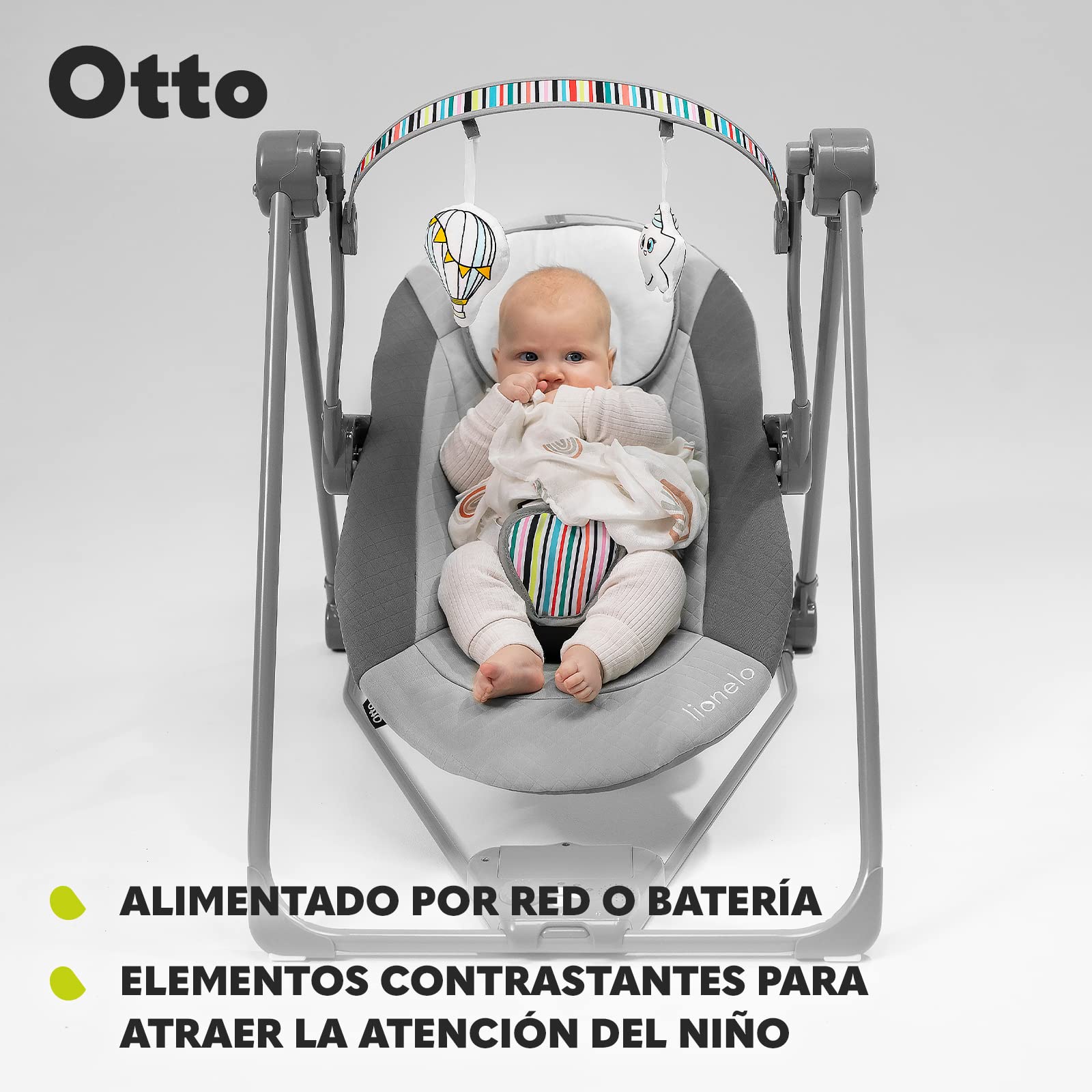 LIONELO Otto Columpio portátil para bebés hasta 9 kg, 5 velocidades de balanceo, Sistema de Cinturones de Seguridad, Fácil Montaje, Arco de Juguetes interactivos Ajustable Gris (Gris)