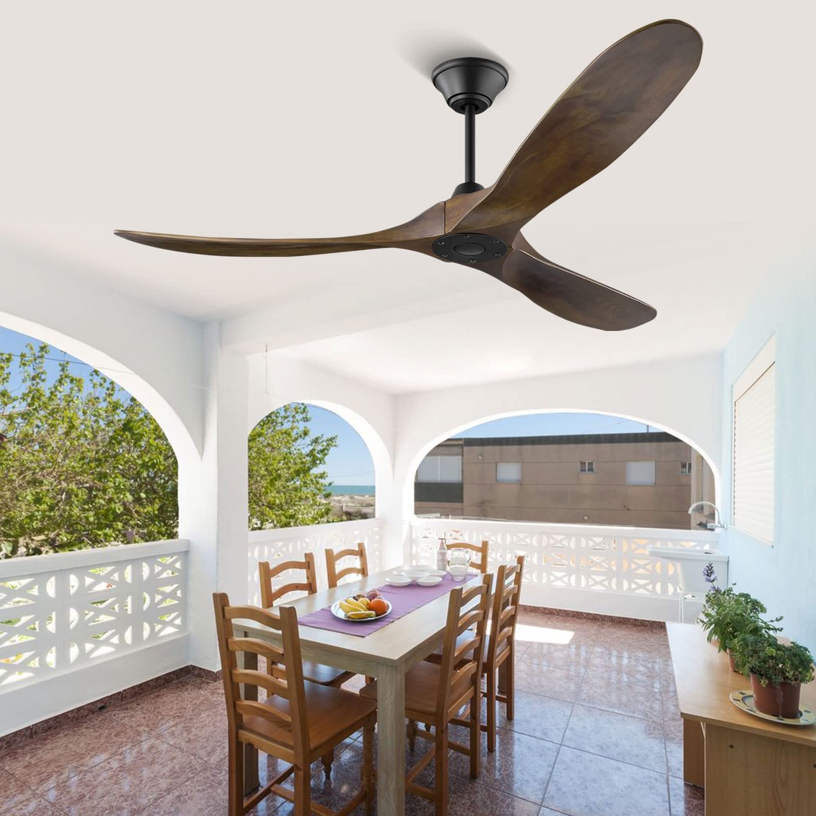 177cm Deckenventilator Groß ohne Licht, Deckenventilatoren Holz mit Fernbedienung, Deckenventilator Leise Schlafzimmer, 1/4/8 Timing, Speicherfunktion, DC Motor für Innen/Außen，Große Windmenge