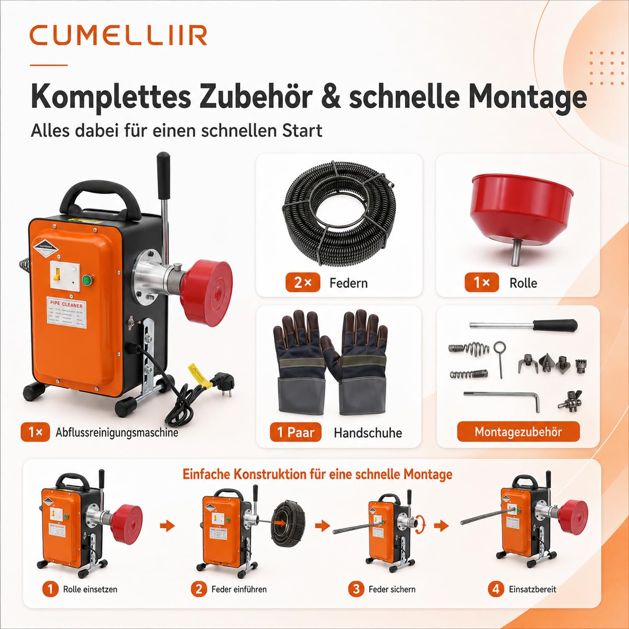 Máquina de limpieza eléctrica de tuberías de 20 m en espiral, limpieza de canales, 750 W, dispositivo de limpieza de tuberías eléctrico con rodillo, espiral de limpieza de tuberías para baño y cocina