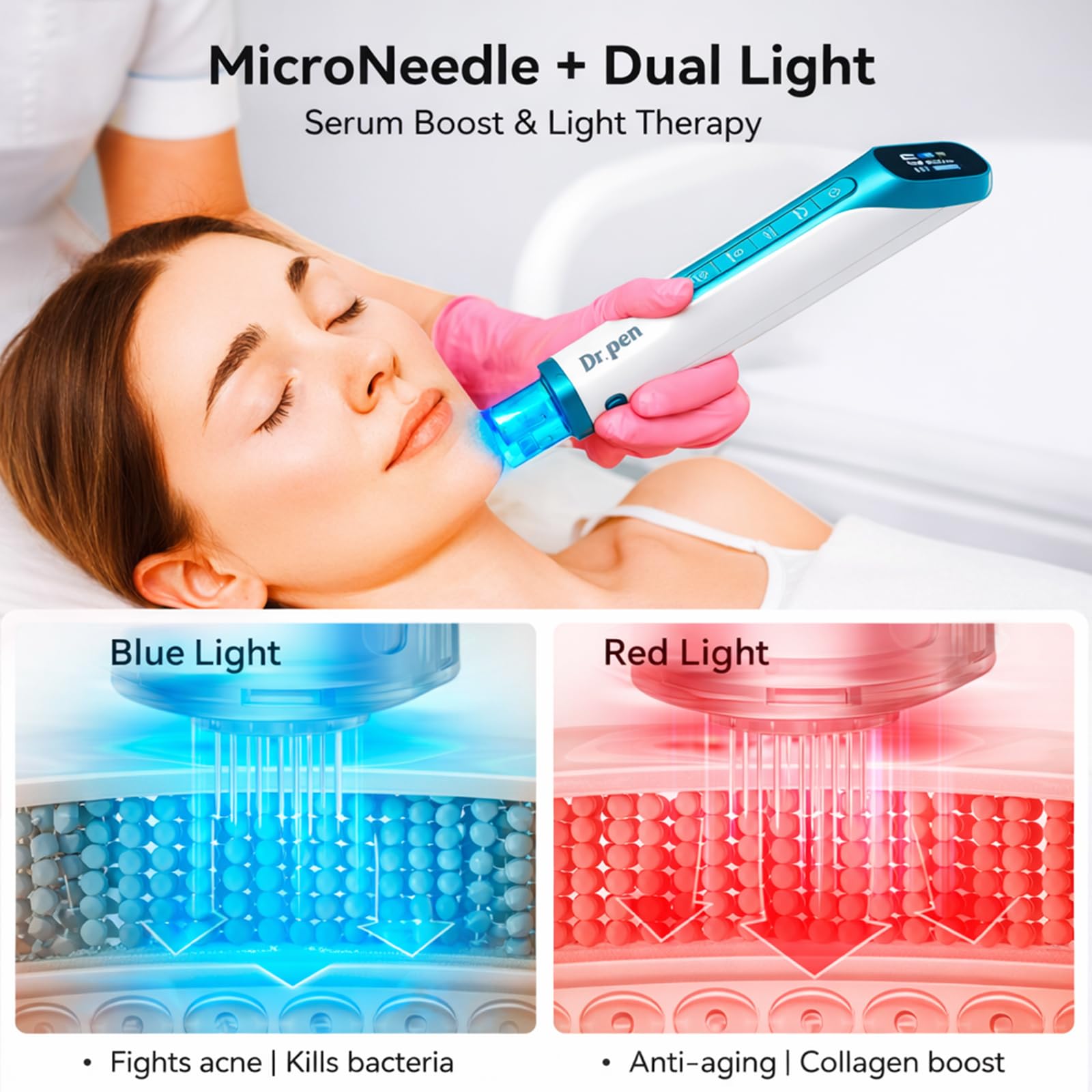 Dr. pen H6 Lápiz de Microneedling Inalámbrico, Dispositivo con Infusión de Sérum y Control Inteligente, Pantalla LED, 6 Velocidades y Profundidad Ajustable 0–2,0 mm, Cuidado Facial Casa o Salón, Azul