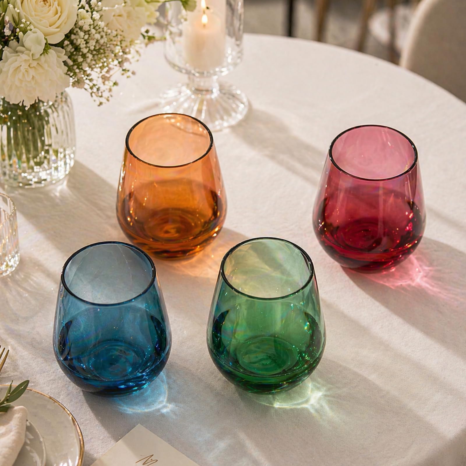 Tritan - Copas de vino de plástico sin BPA, inastillables, sin tallo, juego de 4, vasos de vidrio acrílico, colores irrompibles, reutilizables, aptas para lavavajillas, cristalería multiusos de 15