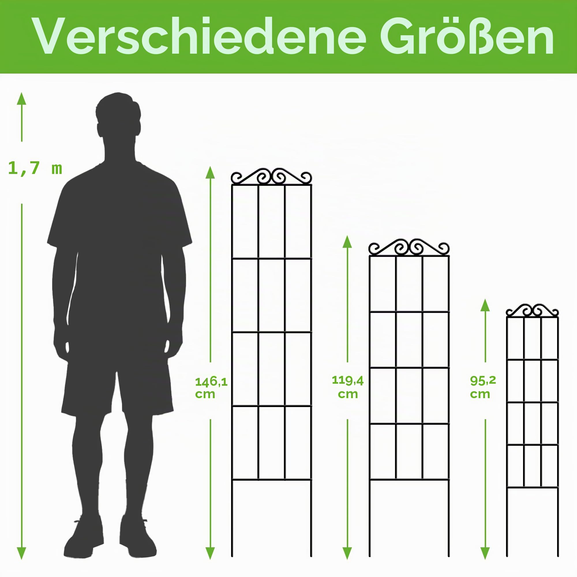 ARIFARO Metall-Gartenspalier für Kletterpflanzen 95cm (4er-Pack) Stabiles Pflanzenspalier für Topfpflanzen, Zimmerpflanzen, Kletterreben, Innen und Außen, Schwarz