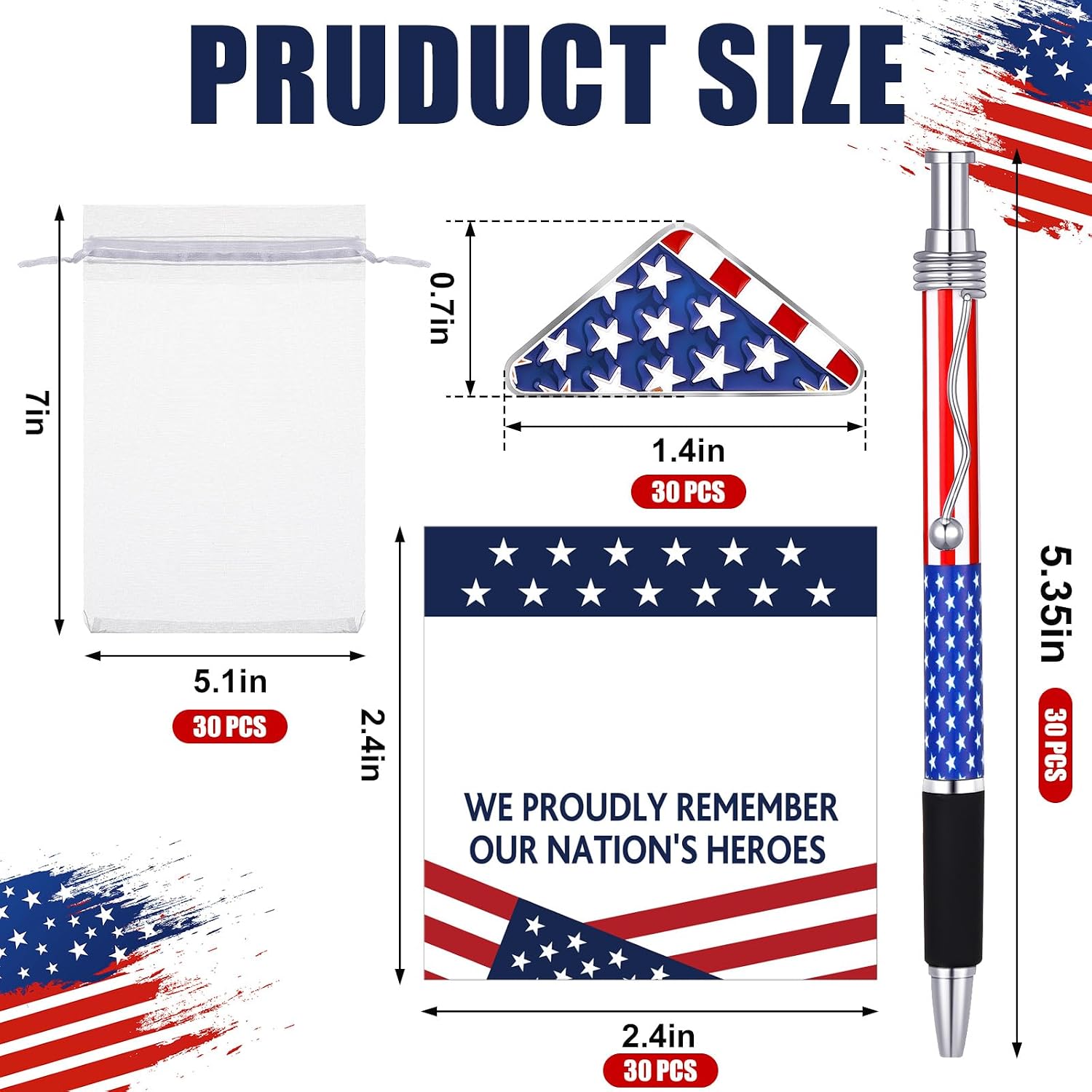 90 Pcs / 30 Sets Veterans Day Patriotic American Flag Gift Bulk American Flags Pin Brooches, USA Pens, Cards, Bag for Veterans Independence Day Memorial Party Favor Supplies