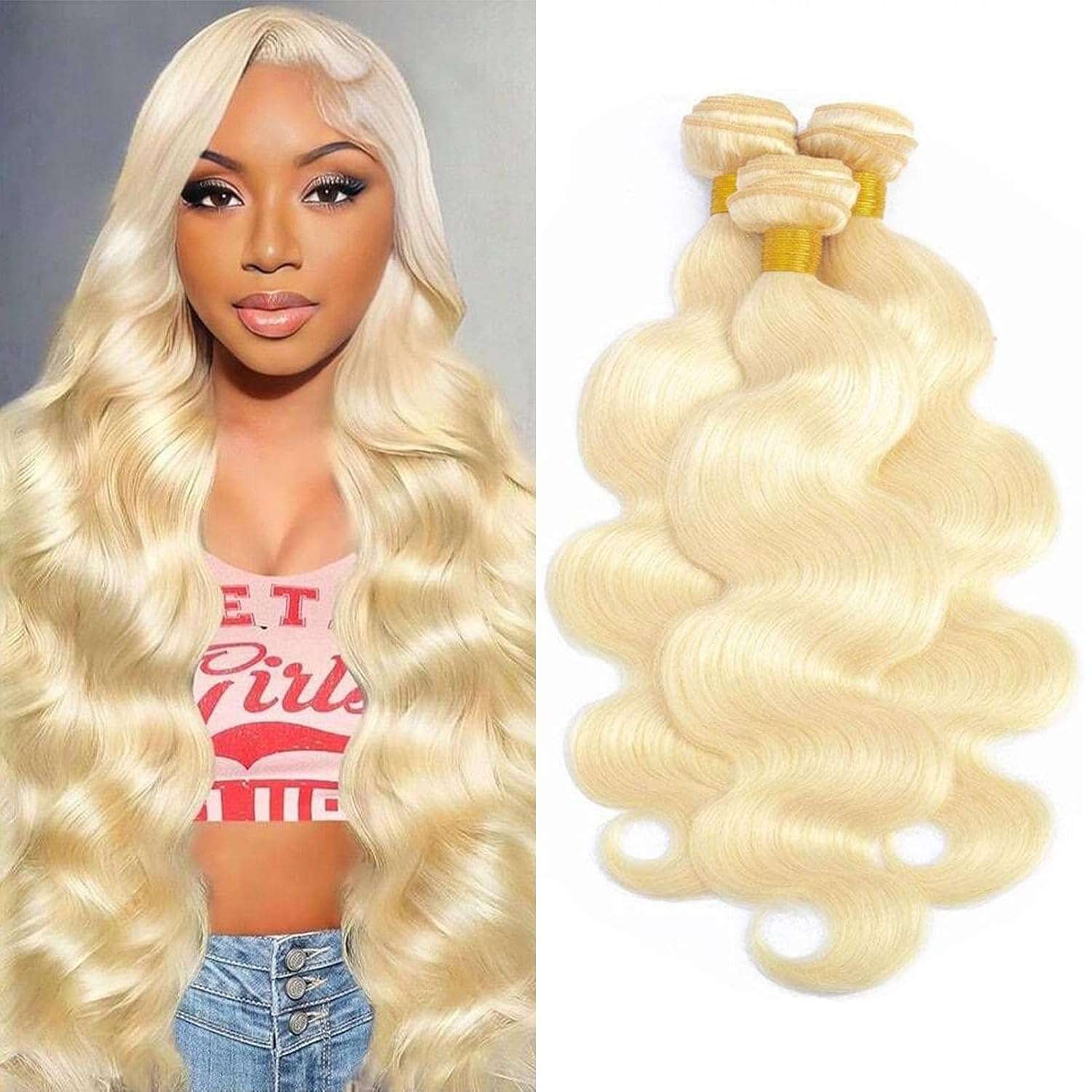 613 Blonde Bundles Human Hair Body Wave 16 Inch,100% Unprocessed 14A Grade Brazilian Virgin Raw Weave Bundles Human hair 1 Bundle Blonde Body Wave Bundles Human Hair Extensions for Women