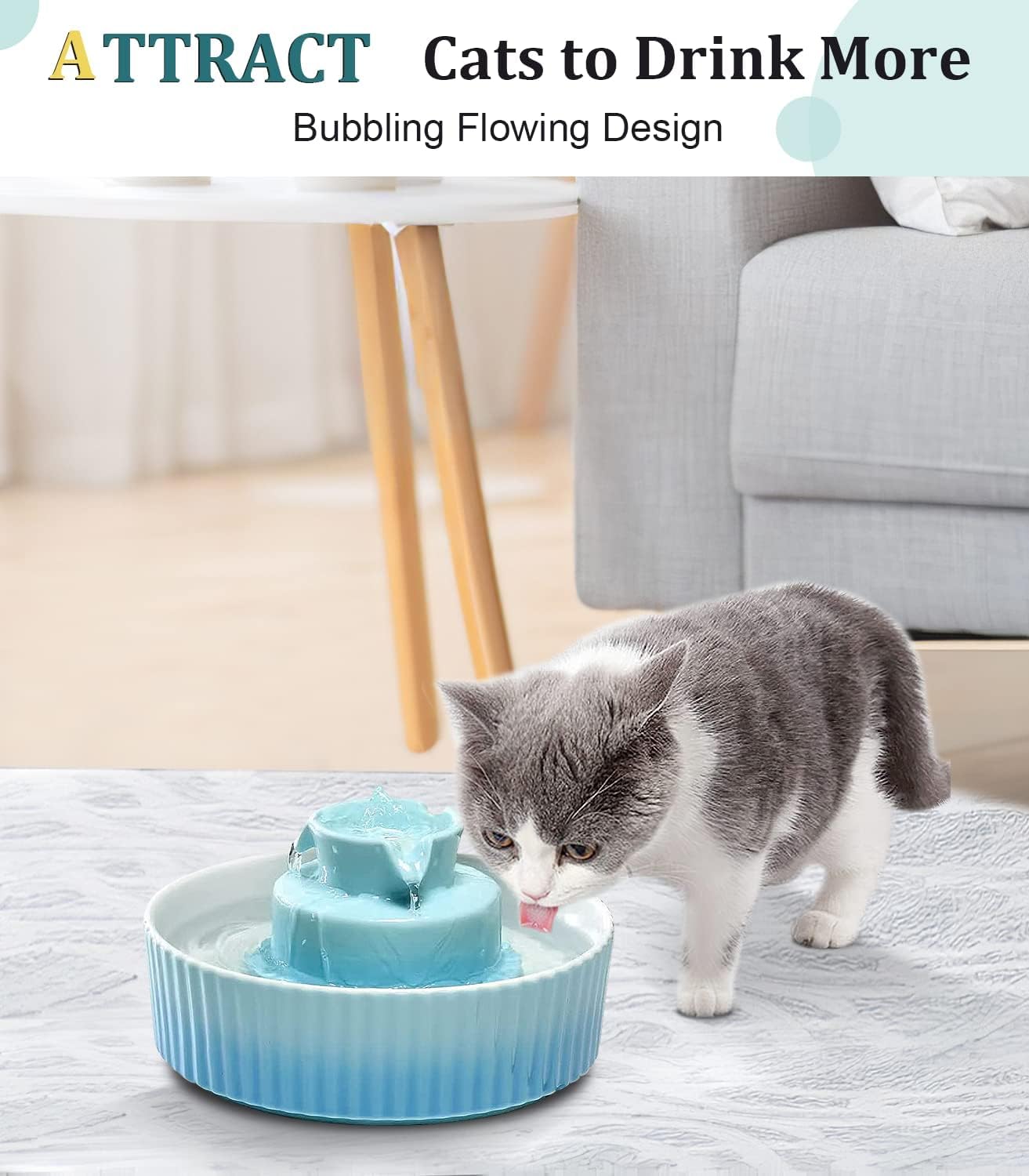 Fontana per gatti in ceramica, 2,1 l, silenziosa, con filtro a carbone attivo in cotone, per bere più animali domestici (sfumatura verde)