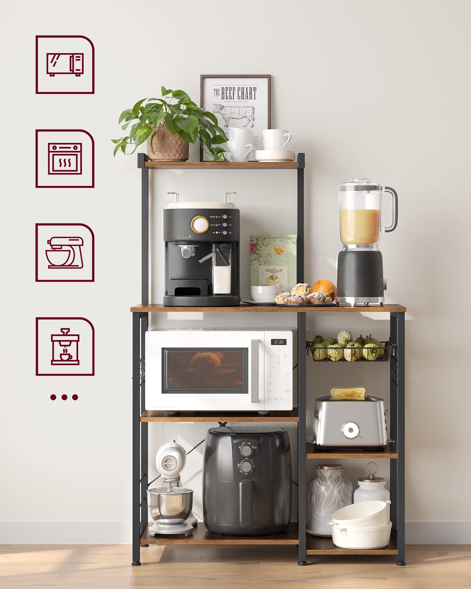 VASAGLE Scaffale da Cucina, Supporto per Forno a Microonde, Mobile Cucina, Cestino a Filo Metallico, 6 Ganci, per Spezie Pentole Padelle, 40 x 90 x 134 cm, Marrone Vintage e Nero KKS35X