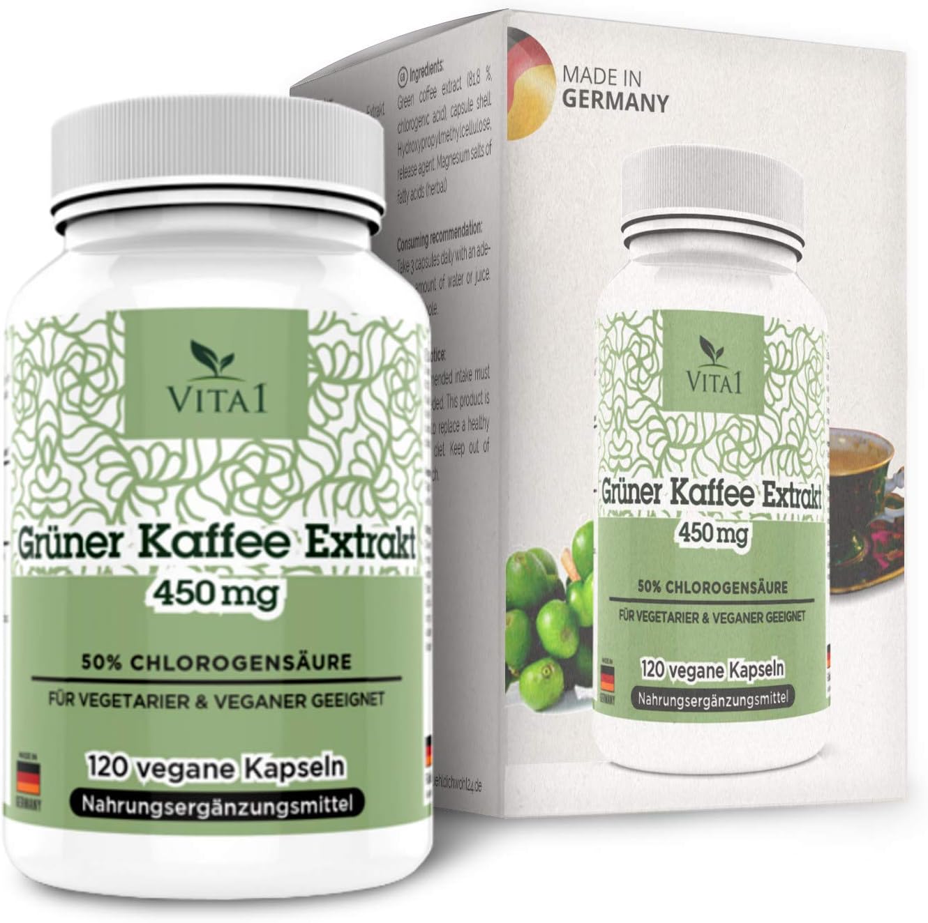 VITA1 Green Coffee Extract 450mg • 90 Capsules (1-Month-Supply) • 10:1 Extract with 18 Amino Acids, Potassium, Calcium, Magnesium und Phosphorus • Made in Germany