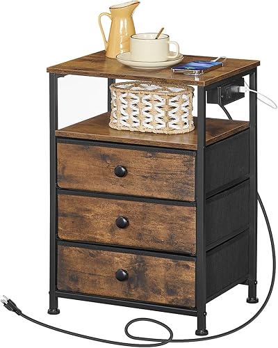 Mesita de noche con estación de carga, mesa auxiliar con 3 cajones de tela, mesita de noche con puertos USB y tomacorrientes, mesita de noche para