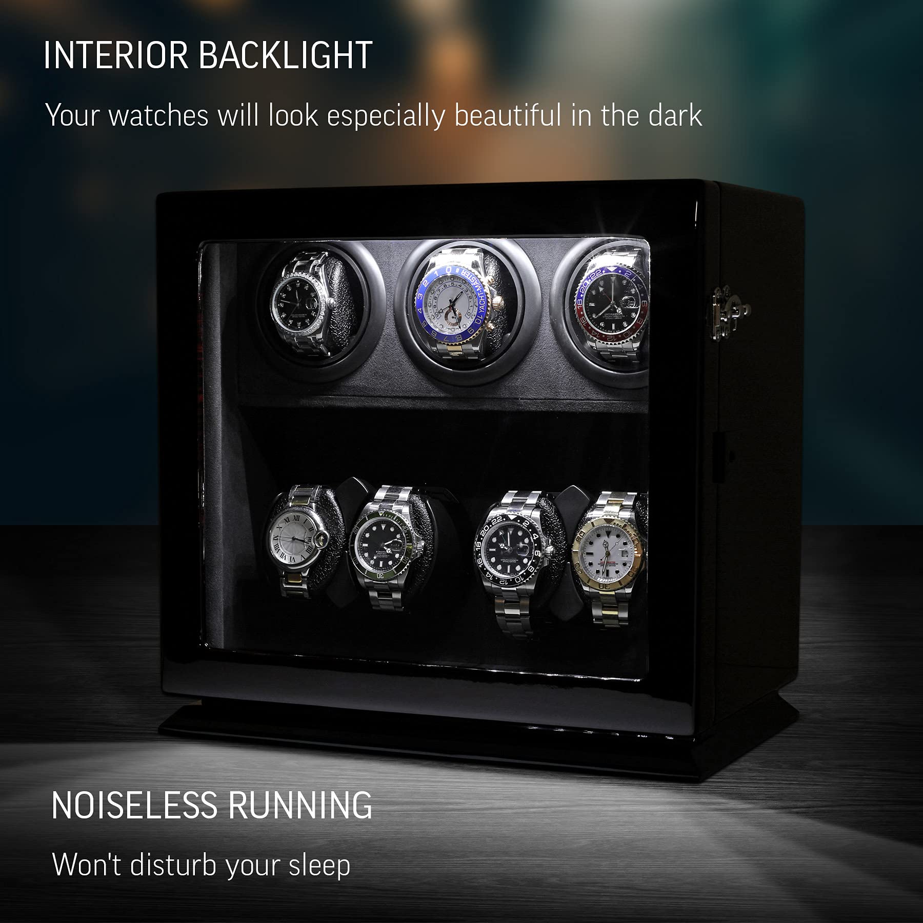 Remontoir pour 7 montres avec éclairage intérieur et option d'arrêt moteur, ébène, Remontoir de montre