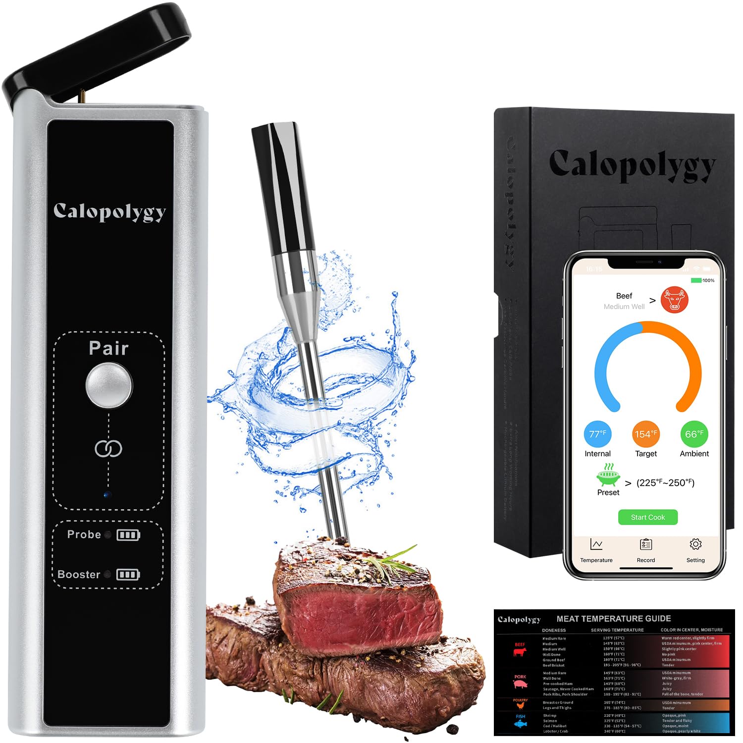 Wireless Meat Thermometer, Bluetooth Meat Thermometer with IPX7 Waterproof Probe, Extended Range, iOS & Android App, Preprogrammed Temperatures for BBQ, Grill, Smoker, Oven & Air Fryer