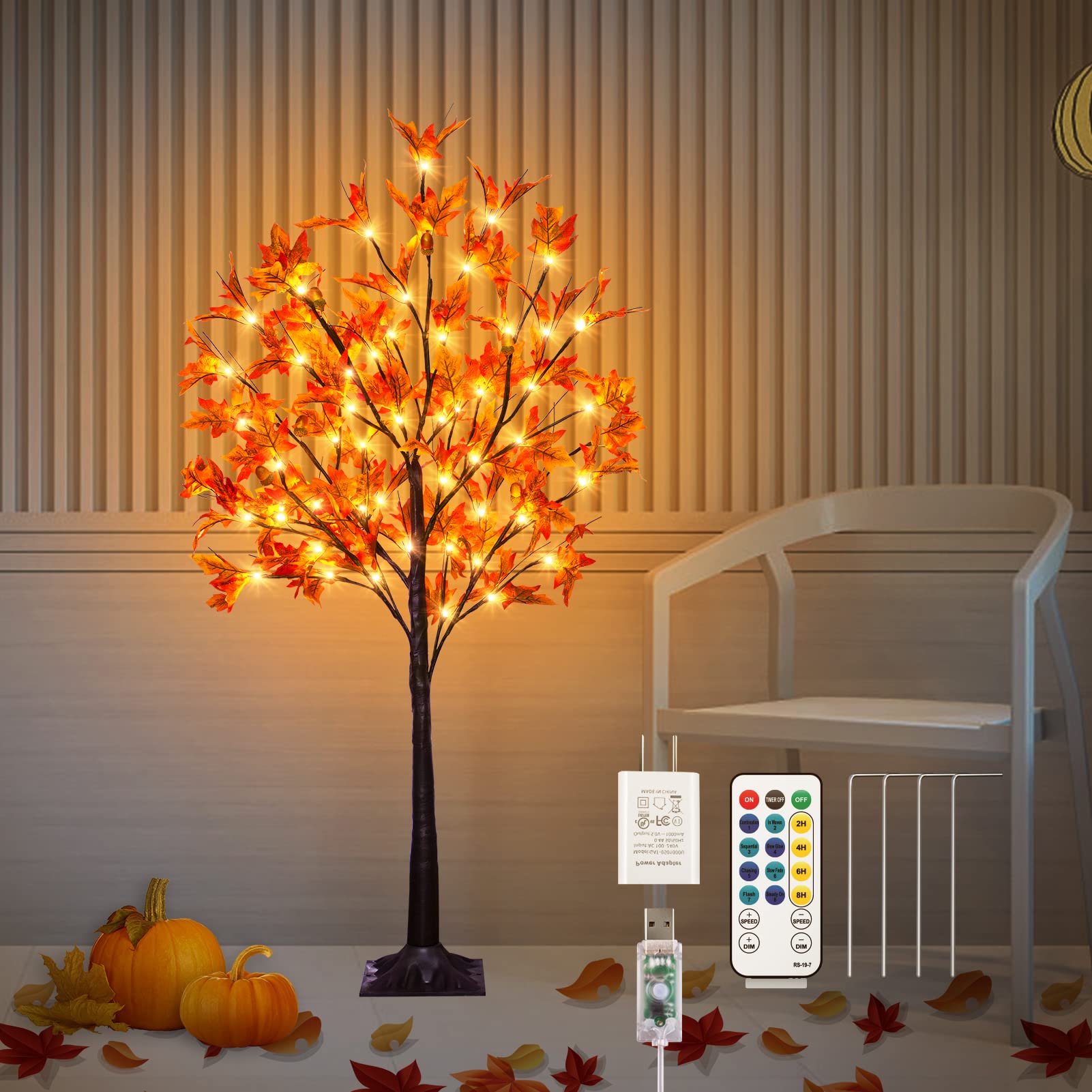 FastDeng 4Ft Lighted Maple Tree Thanksgiving Fall Decor, 60 LED Warm White Dimmable Timing Prelit Artificial Tree with 8 Flashing Modes for Indoor Outdoor Autumn Harvest Thanksgiving Halloween Decor