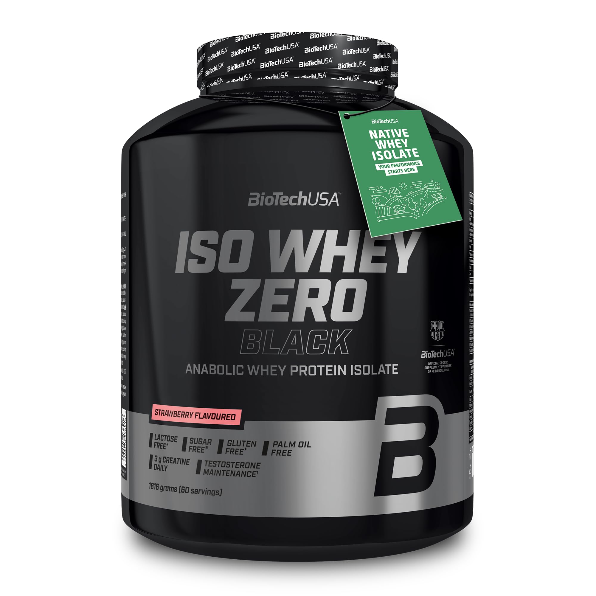 BioTechUSA Iso Whey Zero Black | with Creatine, Zinc, Vitamin B3 & Amino Acids | 90% Protein | Sugar-Free, Lactose-Free, Gluten-Free, 1816 g, Strawberry