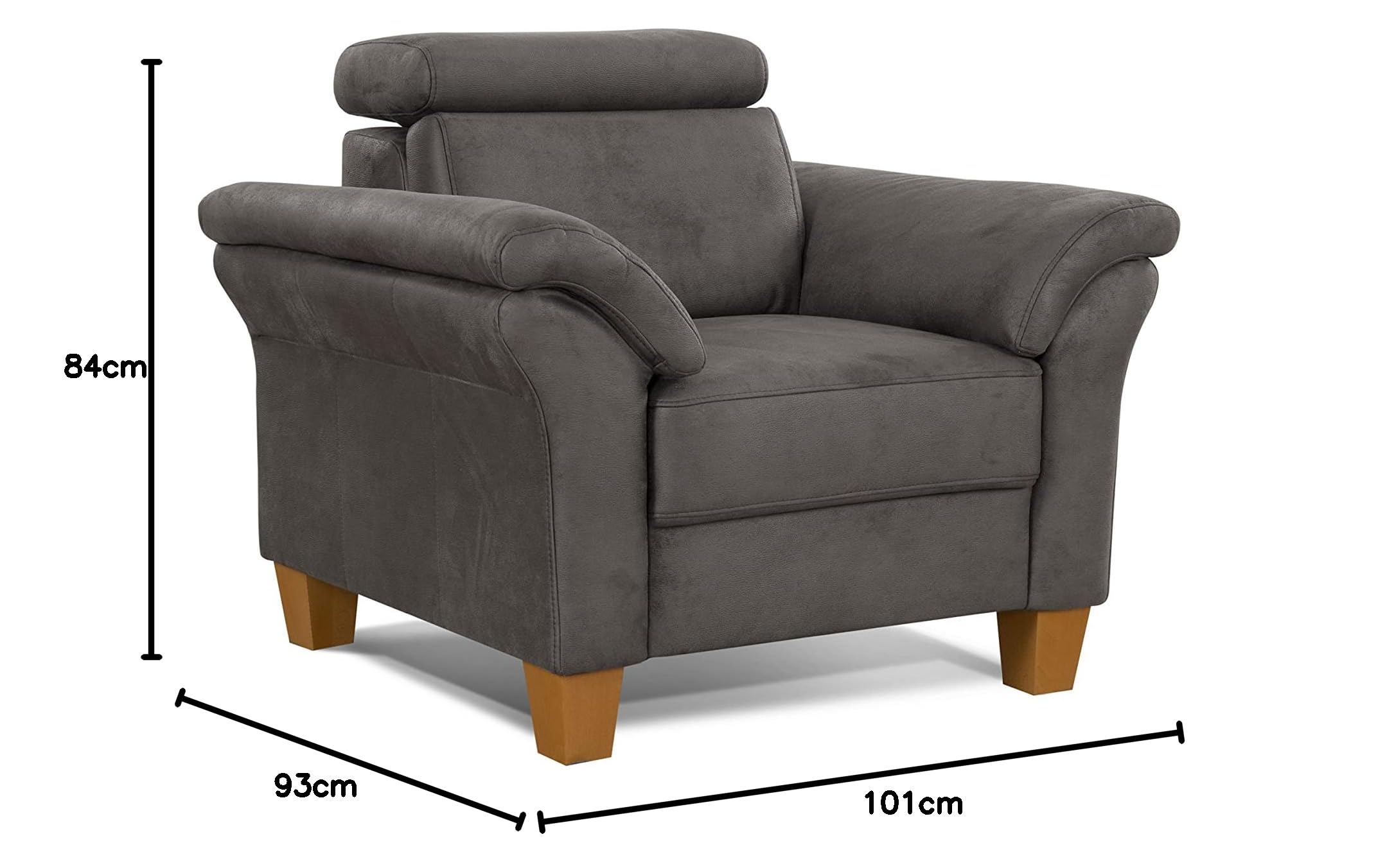 Cavadore Sessel Ammerland / Polstersessel im Landhausstil mit Federkern + verstellbarer Kopfstütze / 101 x 84 x 93 / Wildlederoptik, Grau