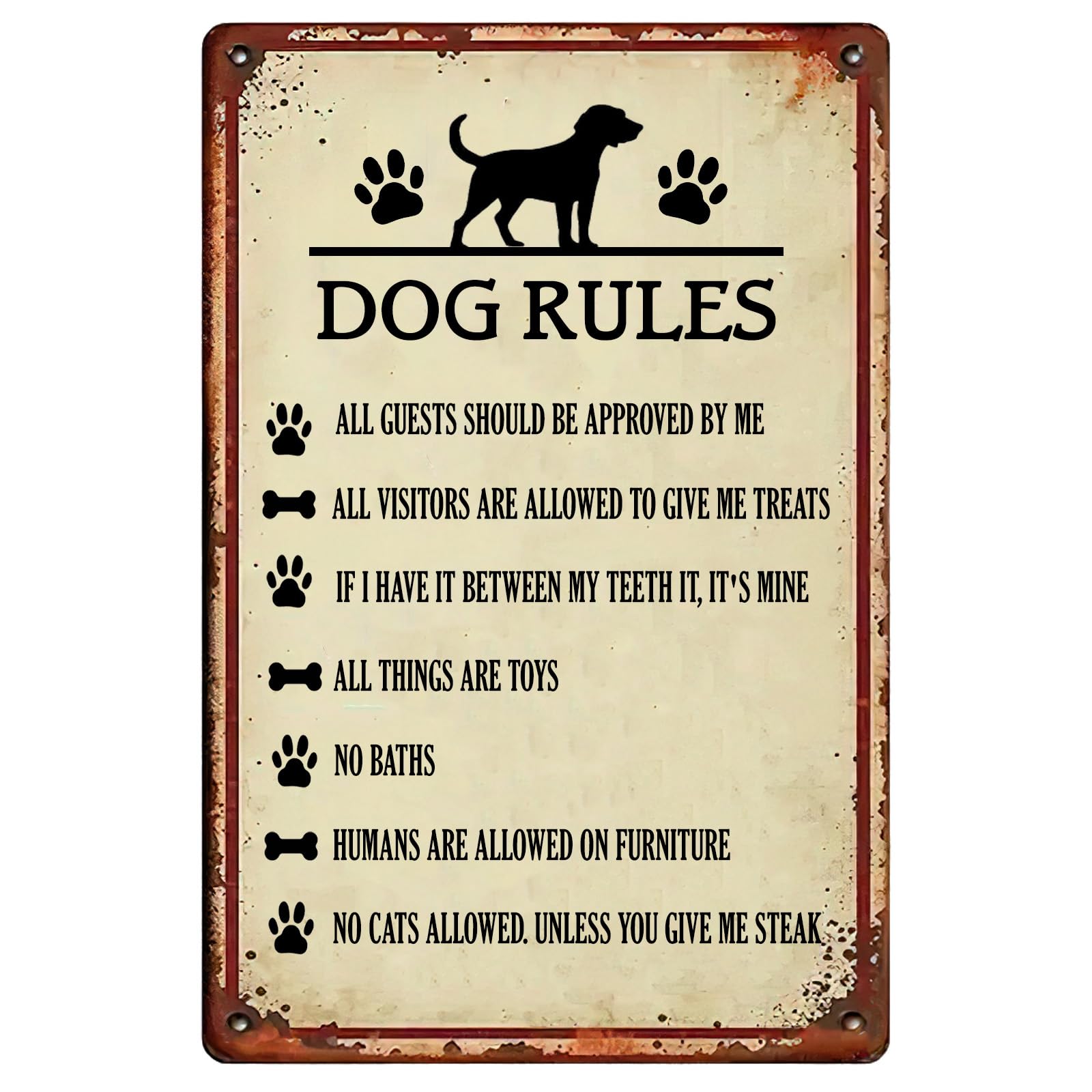 Retro Farmhouse Style Dog Rule Metal Sign Funny Pet Theme Wall Art Decor Plaque for Home Garden Cafe Office Man Cave 12x8 Inch